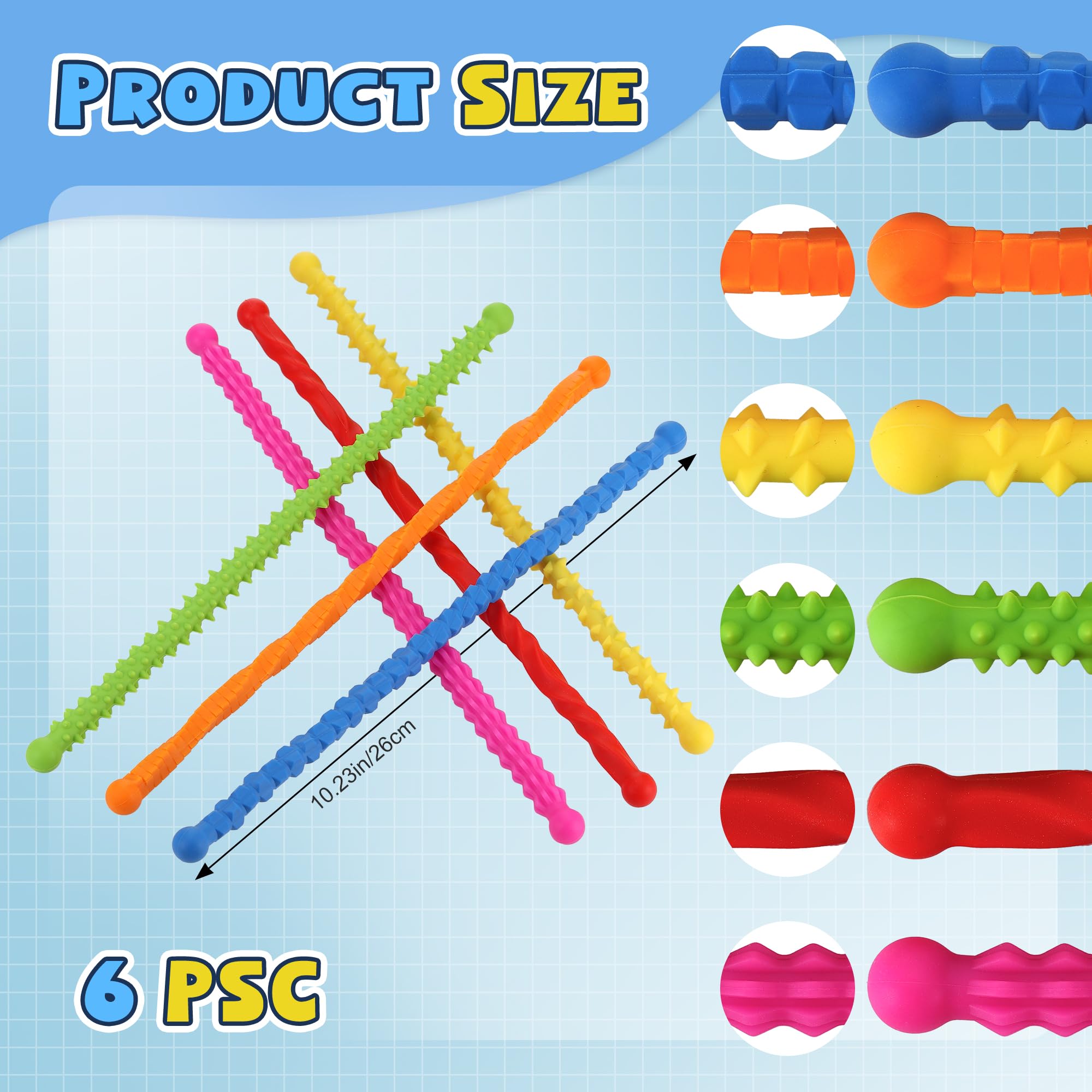 TranRantic 6 Pcs Fidget Toys Sensory Sticks for Kids Adults Textured Calming Sensory Toys for Autism Anxiety Stress Relief Travel Quiet Squishy Fidget Toy for Focus & Calm - Image 2