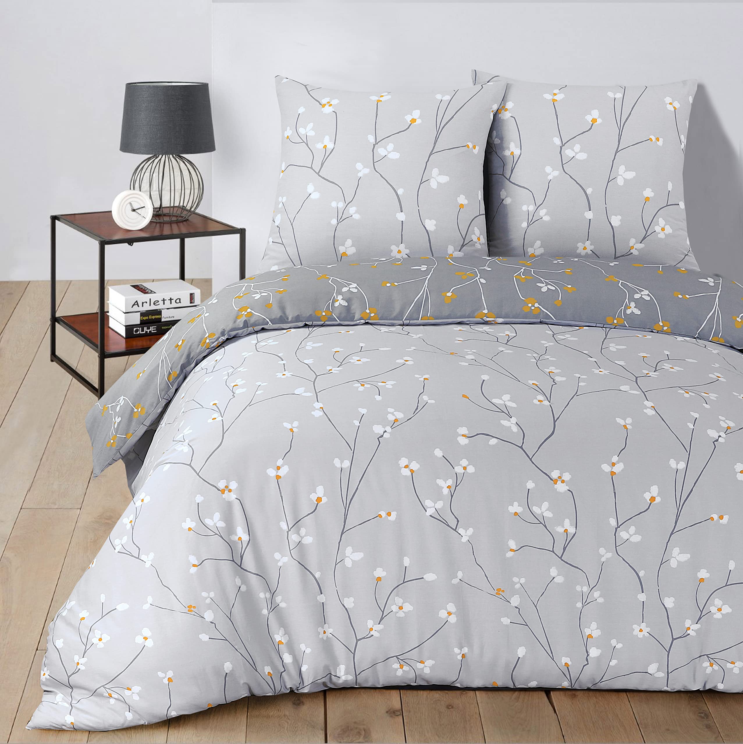Vision - Parure de lit Réversible 100% Coton - Freya Gris - Set de Housse de Couette 260x240 cm avec 2 taies d'oreiller pour lit Kingsize 2 Personnes - Fibres Naturelles - Oekotex