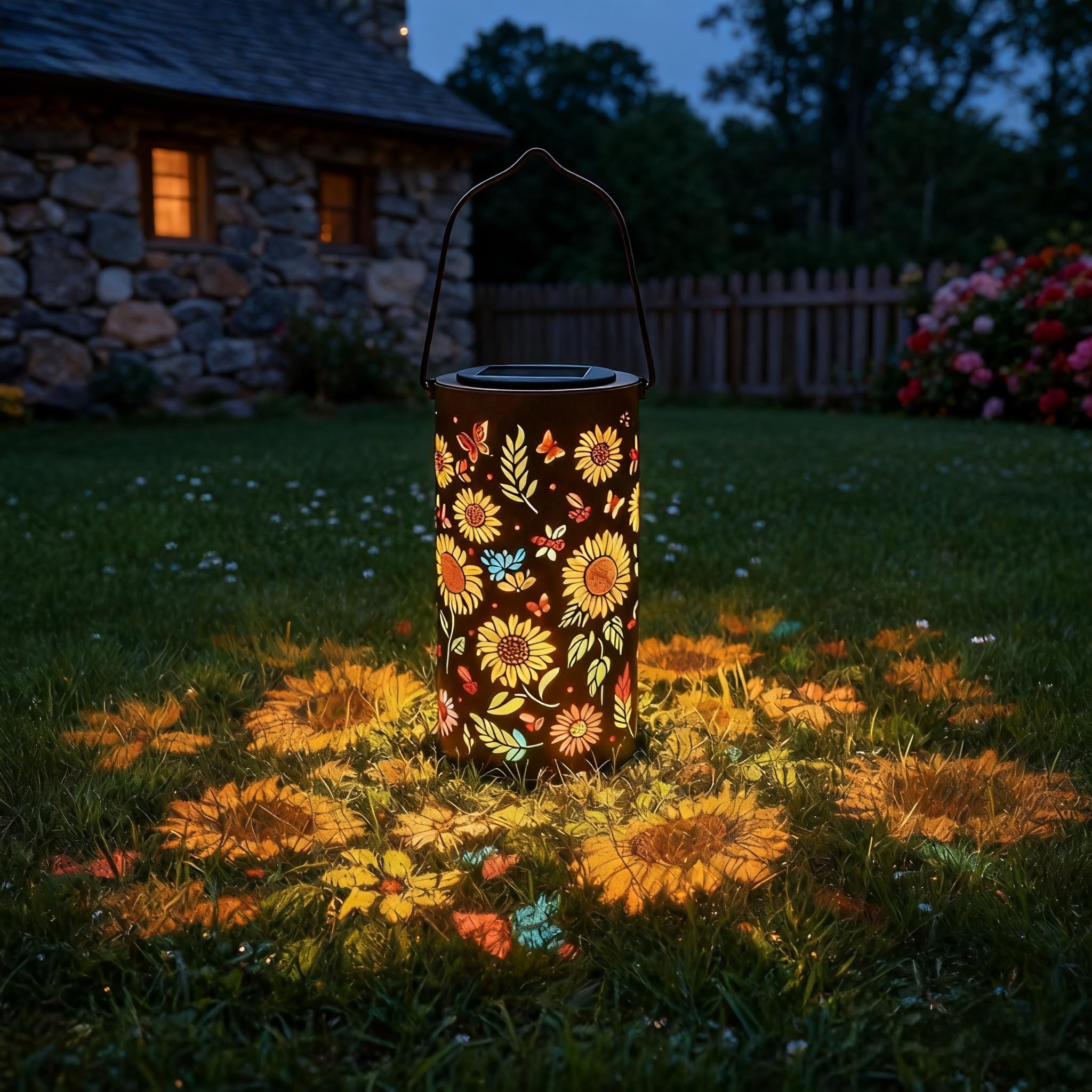 IHALO Lampade Giardino Solari a Forma di Girasole per Esterni, Lampada a Sospensione Solare Colorata con Effetto Luminoso a Forma di Girasole, Lampada da Giardino Impermeabile per Cortili e Vialetti