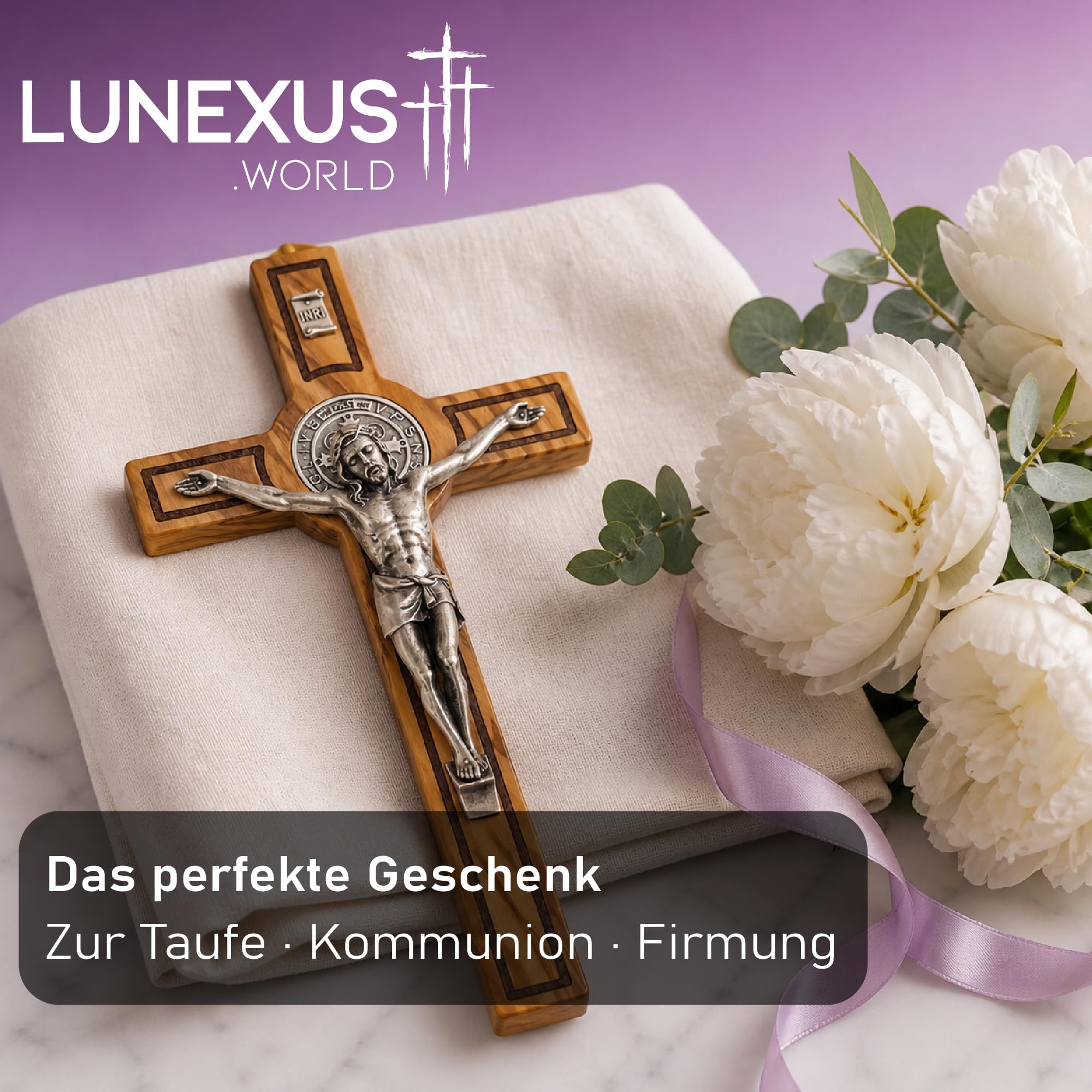 Lunexus Krzyż Benedyktyński z Drewna Oliwnego, 28x15 cm, Błogosławiony | Ręcznie wykonany krzyż z drewna oliwnego z Betlejem, 28x15 cm, z medalikiem św. Benedykta i certyfikatem błogosławieństwa.