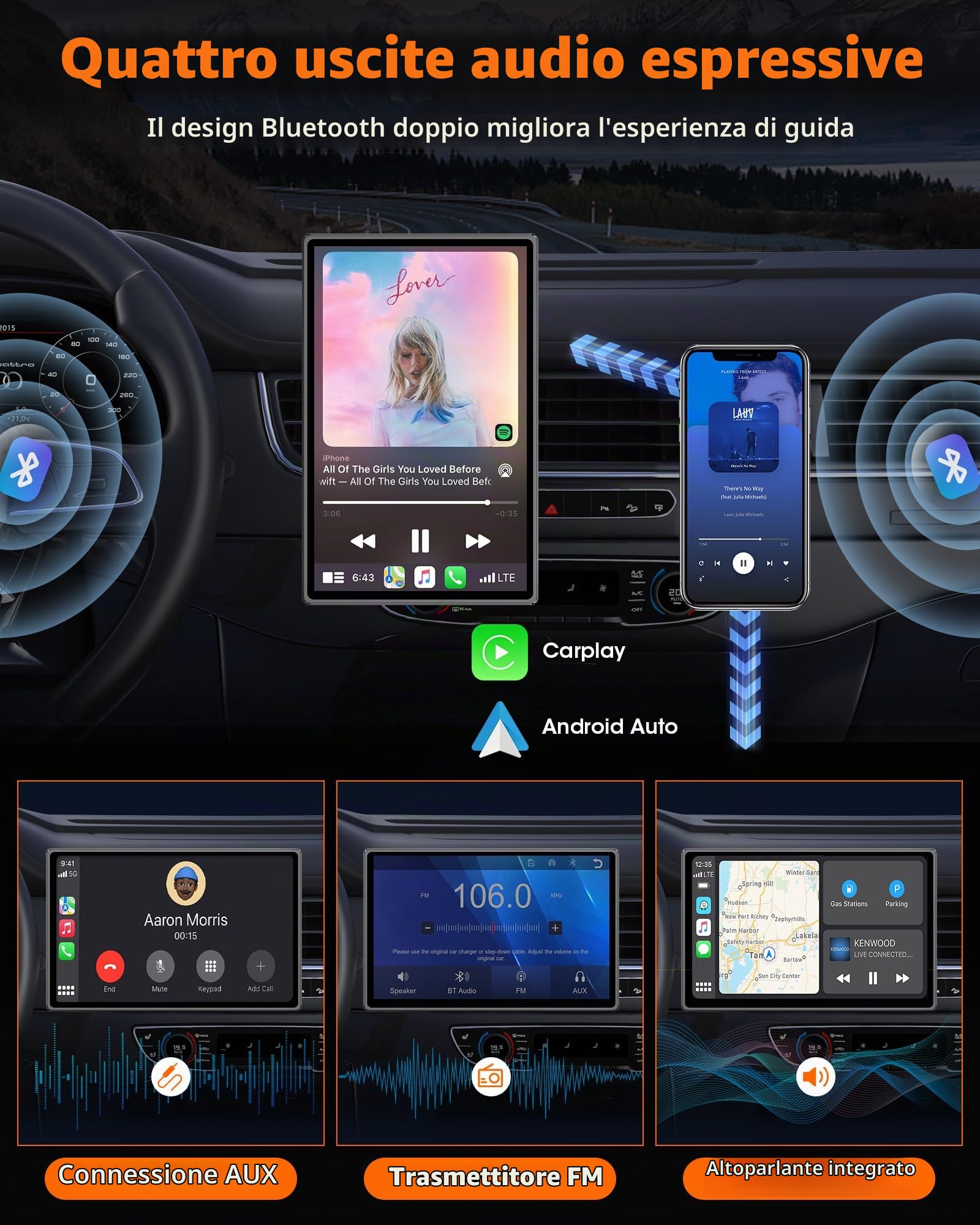 2025 Orizzontale/Verticale Carplay Auto Schermo Android Auto, 7 Pollici Carplay Android Auto Wireless con Aggiornamento OTA Supporto Magnetico Autoradio Bluetooth con Navigazione GPS Superlink