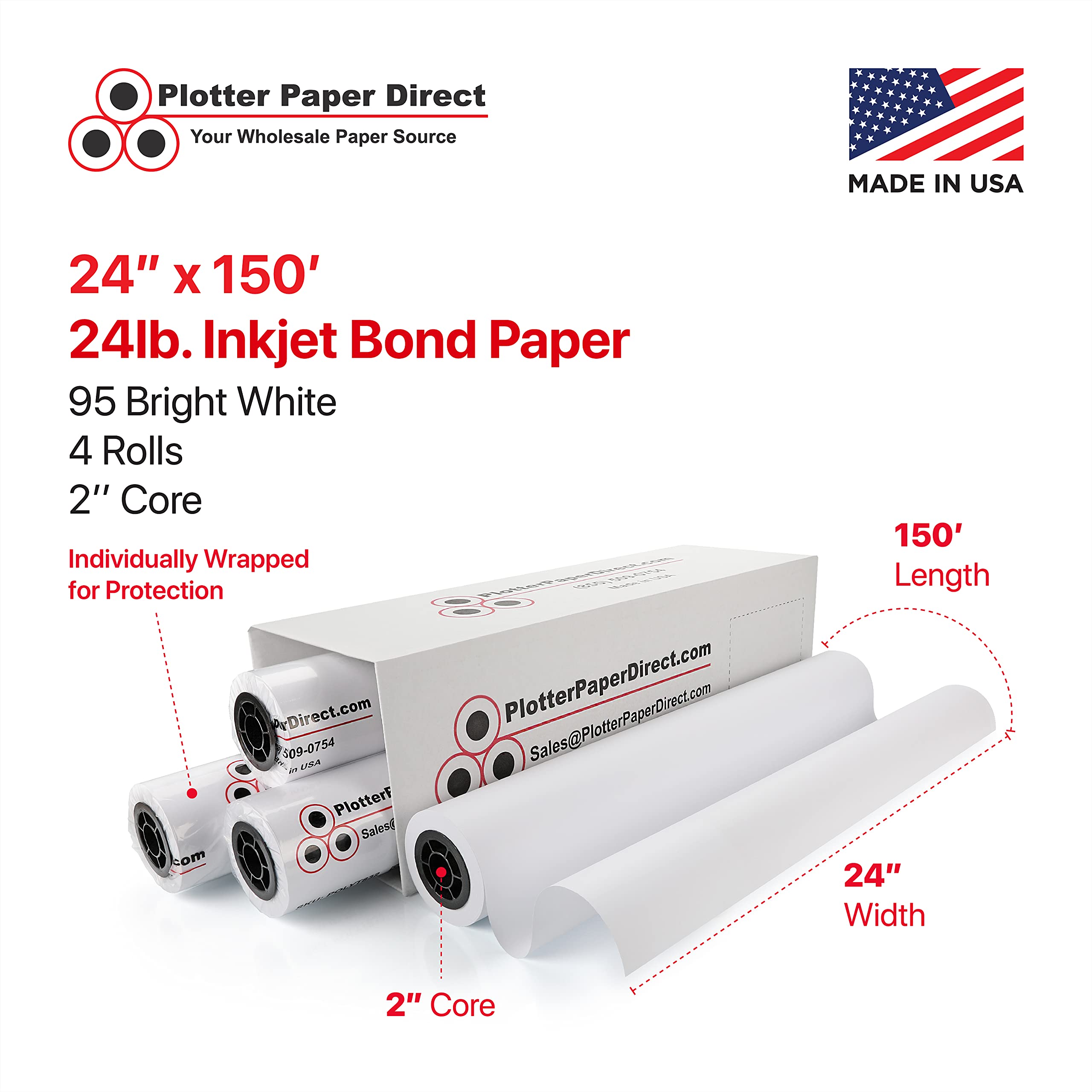 Plotter Paper Direct (24 libras, revestido, 4 rollos, núcleo de 2 pulgadas, 24 pulgadas x 150 pies) para impresión CAD en impresoras de inyección de tinta de formato ancho