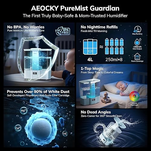 Miniatura 6 de Geek-Level Aeocky Humidifier for Baby, Quiet Ultrasonic Humidifiers for Bedroom, Nursery with Humidistat, Ambient Light, 4L Top-Fill Cool Mist