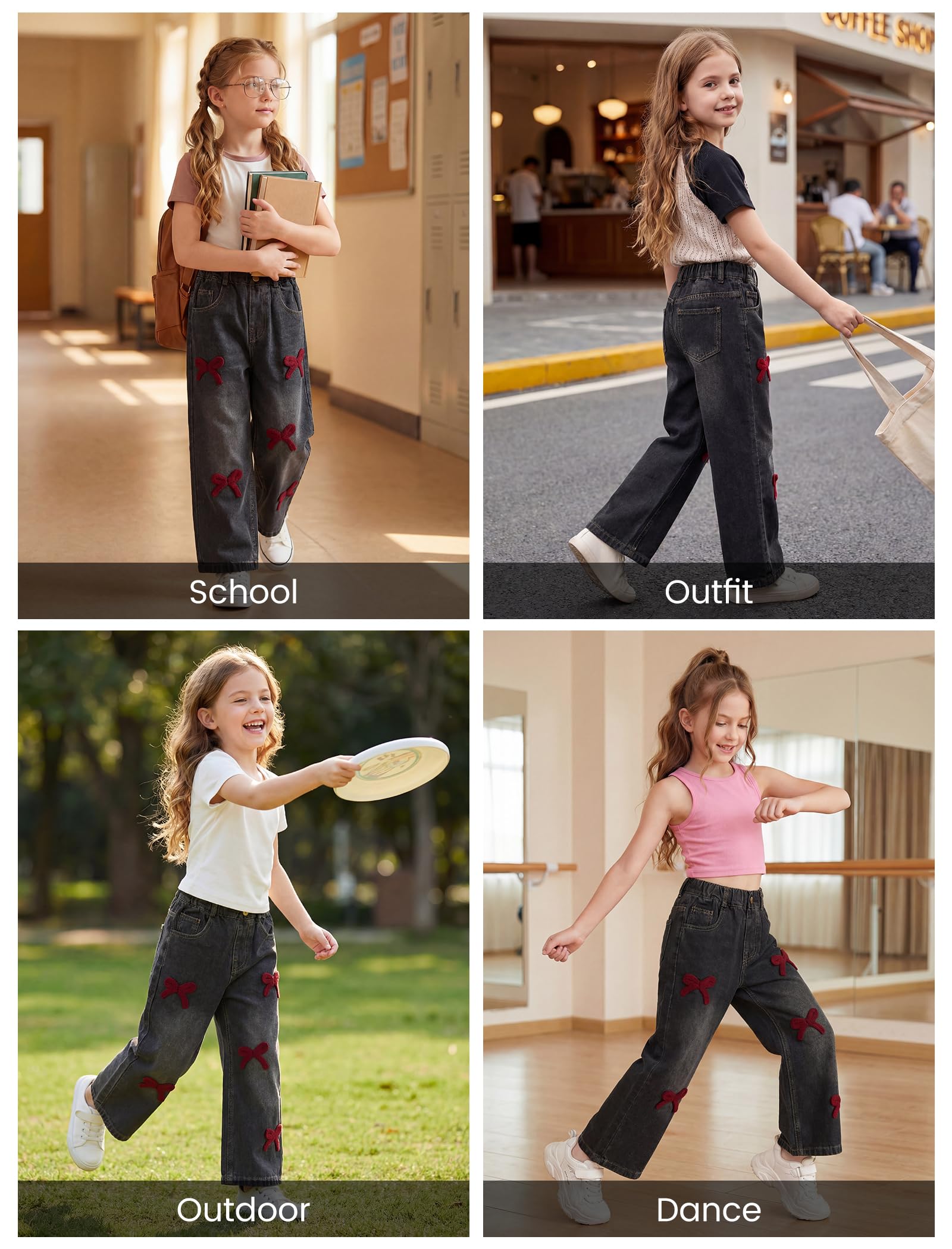 JiAmy Jeans larghi per ragazze con fiocco ricamato 3D, gamba larga elasticizzata in vita retrò Y2k casual pantaloni in denim per ragazze 6-13 anni