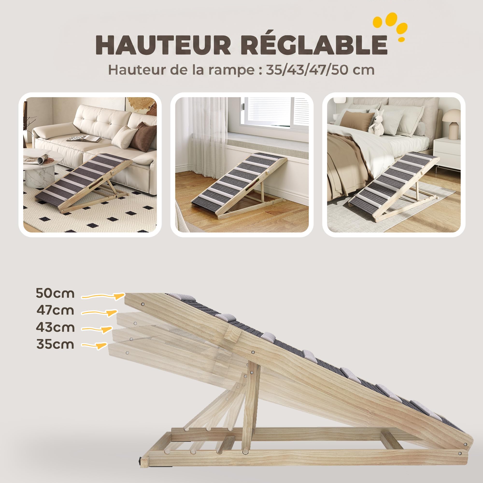 PawHut Rampe pour Chien en Bois 4 Hauteurs Réglables de 35-50 cm Naturel | Tapis Antidérapants, Rampe Pliable pour Animaux, pour Chiens et Chats de Petite à Grande Taille, pour Lit et Canapé