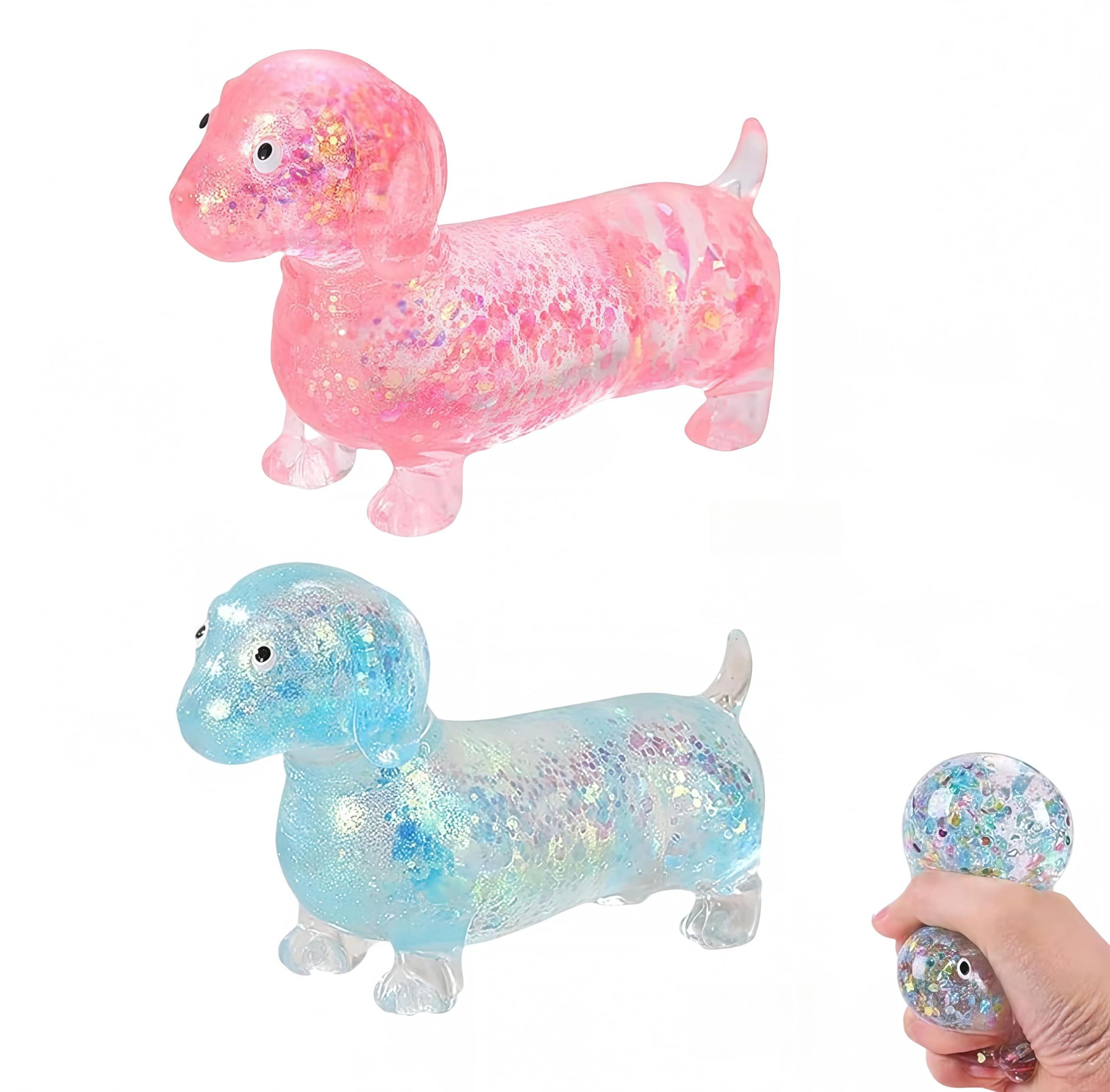 2Pcs Sausage Dog Squishy Fidget Toys Dachshund Stress Toy Slow Rising Dachshund Stress Relief Toy Glitter Soft Sensory Fidget Ball for Office Birthday Party Animal Desk Decor for Animal Lovers Adults
