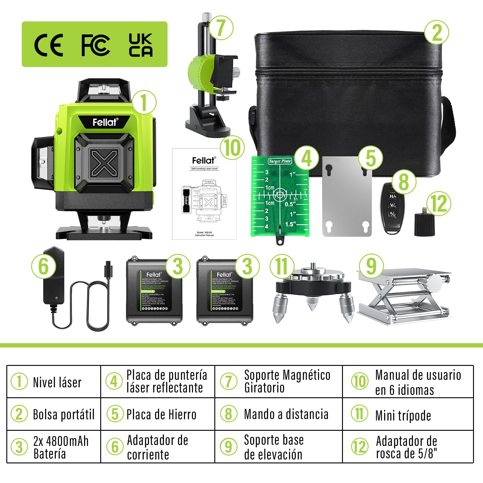 Nivel Láser, FELLAT 4x360° Nivel Laser Autonivelante, Nivel Láser Verde con 2x4800 mAh Batería Recargable, Control Remoto, Soporte Magnético, Estuche acolchado, para Diseño de Mejoras de Hogar