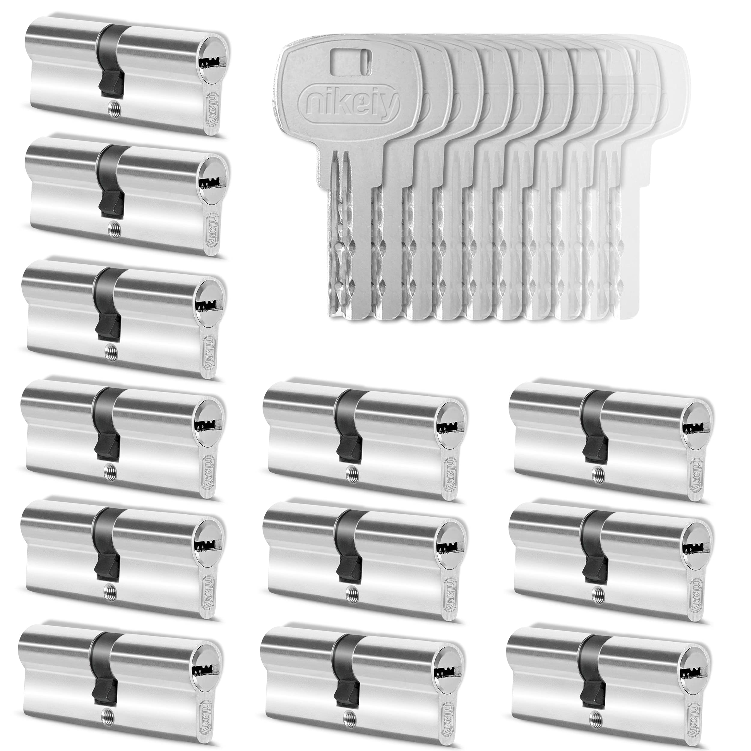 GERCAR 12 cilindros de cerradura con cierre uniforme, 12 cilindros de perfil 30/30, incluye 60 llaves de 60 mm, cerradura doble para puerta, juego de 12 unidades, longitud: 60 mm, A: 30 B: 30