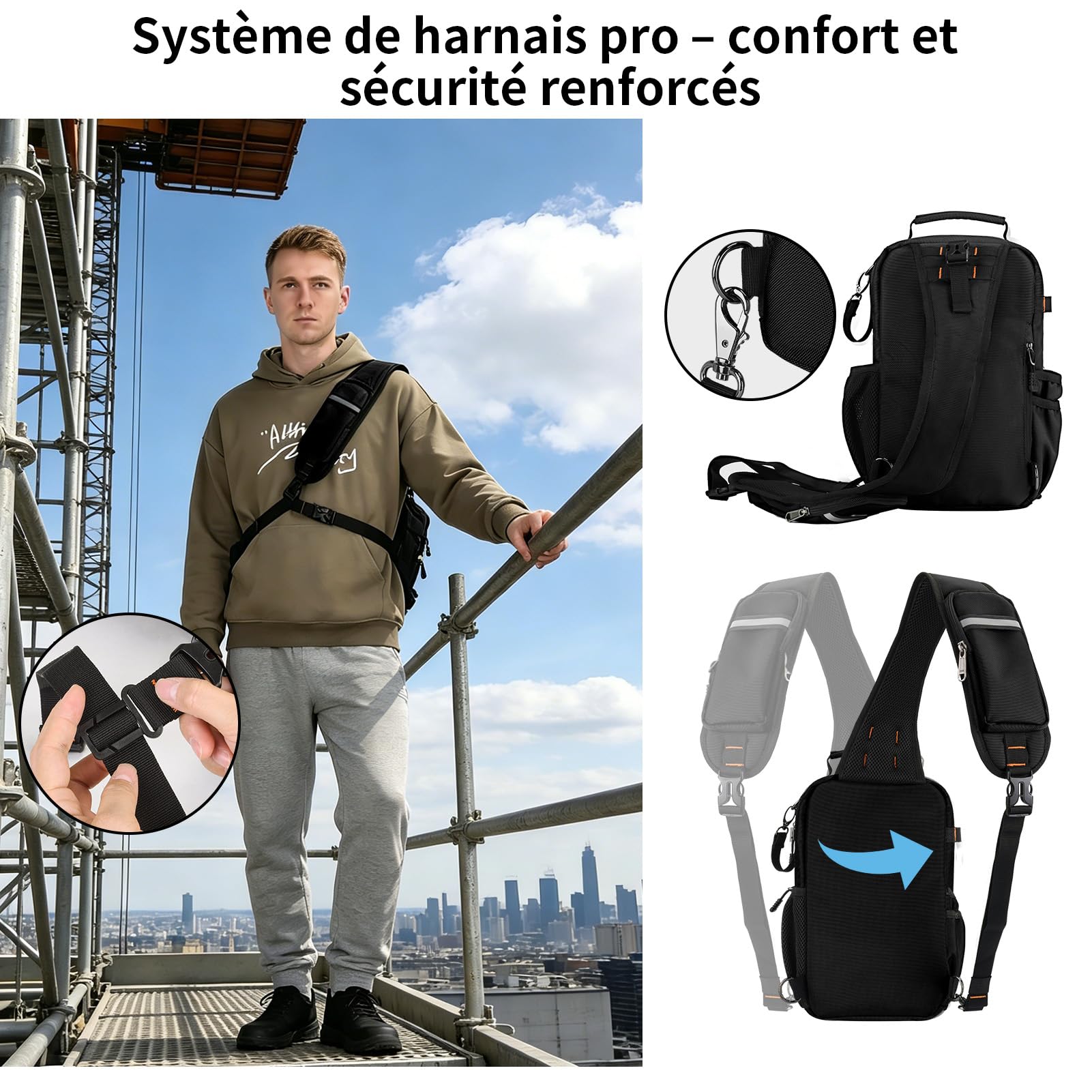 Sac à outils de poitrine pour électricien avec sangle, Noir | Sac tactique HVAC, Oxford 1680D, résistant aux éclaboussures, 15 poches, MOLLE, Sangle réglable pour artisans & techniciens.