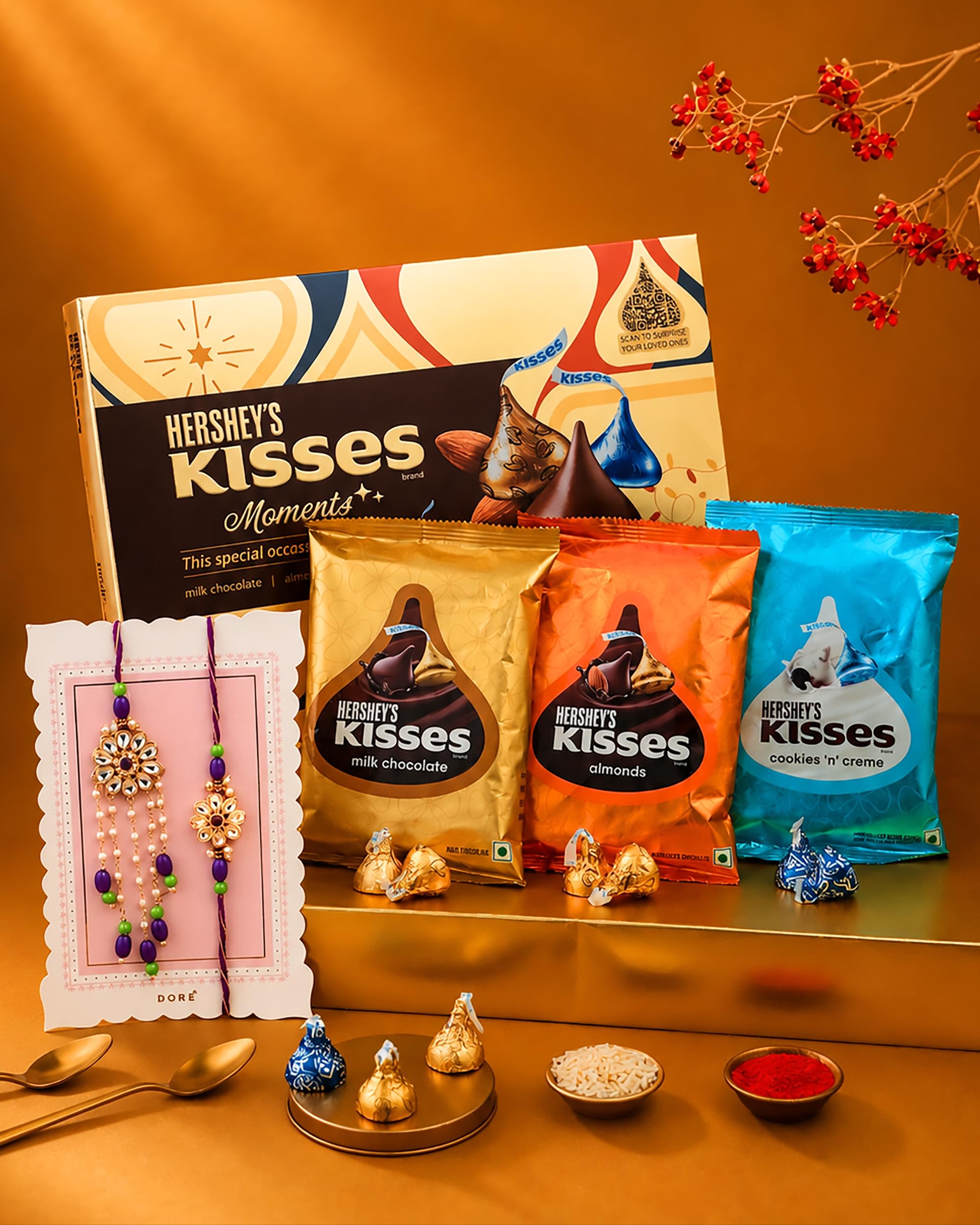 HyperFoods® Rakhi For Brother with Chocolate Raksha Bandhan Chocolate Gift Pack Kisses Pack of 3 Chocolates Gift with Bhaiya Bhabhi Rakhi Set