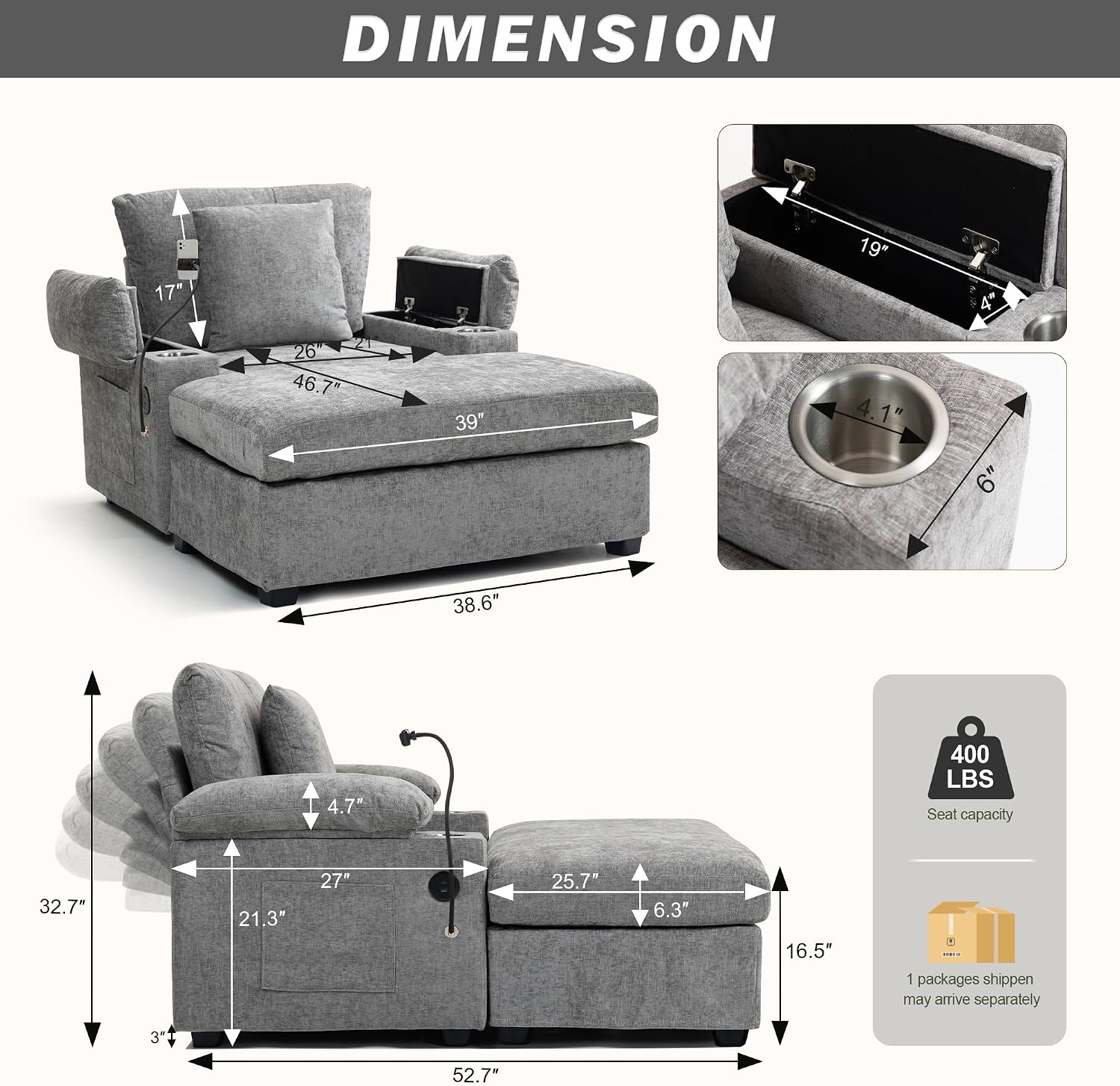 Chaise Lounge Chair with Adjustable Backrest, Small Chair with Ottoman, Lounge Chair for Small Space, Grey