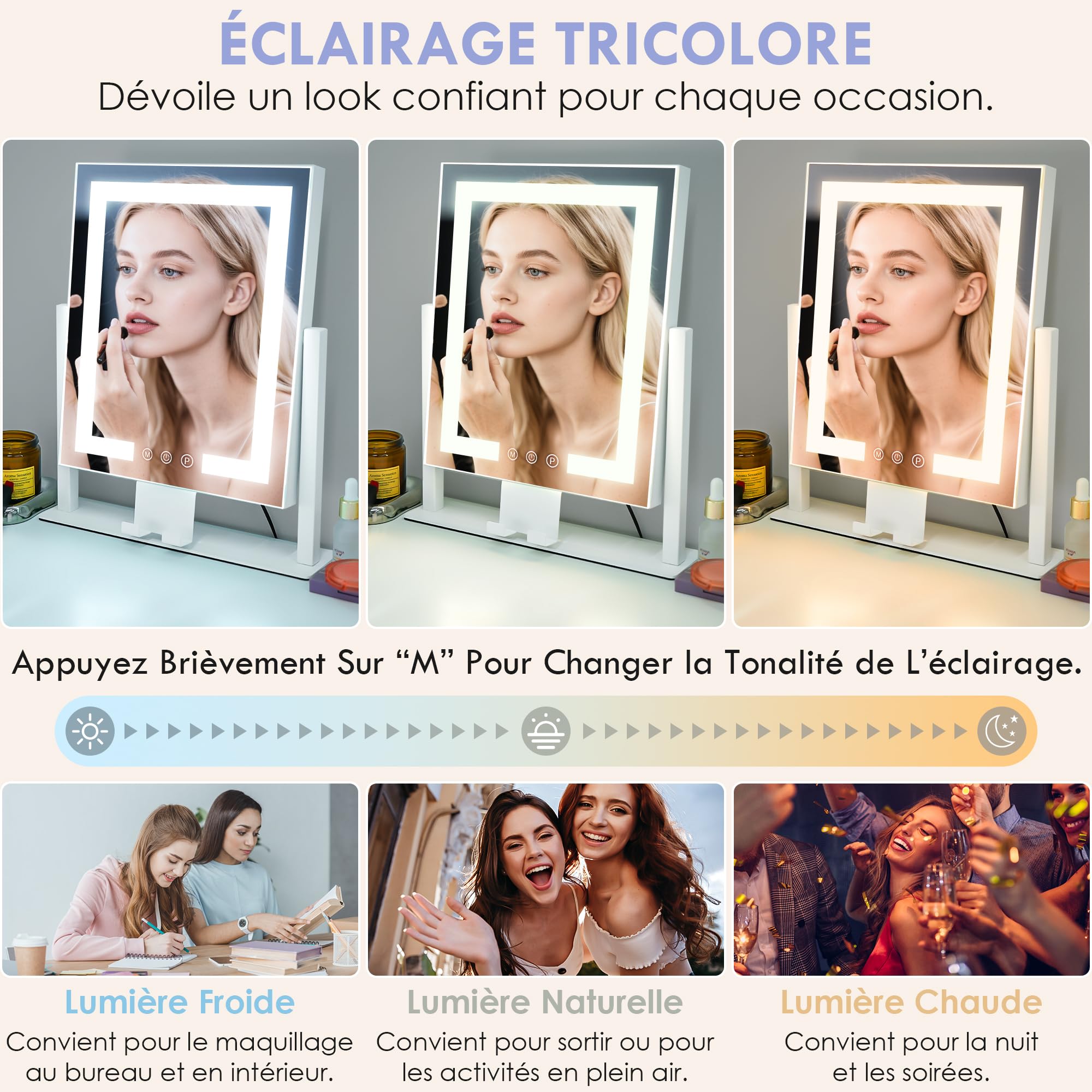 LuxeVue Miroir de Maquillage avec lumières, Miroir de Table 30x36 cm, 3 Modes d’éclairage réglables par capteur Tactile, Miroir grossissant Amovible 15X (Petit miroi Rond), Cadre en métal