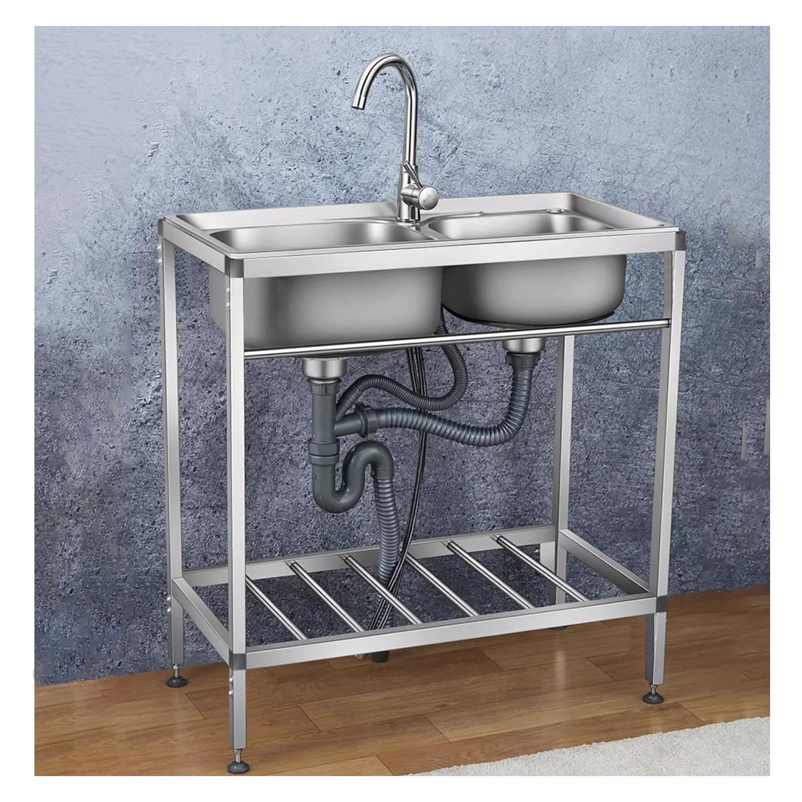 LMYSXAOZ Double Bowl Kitchen Sink, Stainless Steel Restaurant Utility Sink with Faucet, 2 Compartment Commercial Freestanding Outdoor/Indoor for Garage