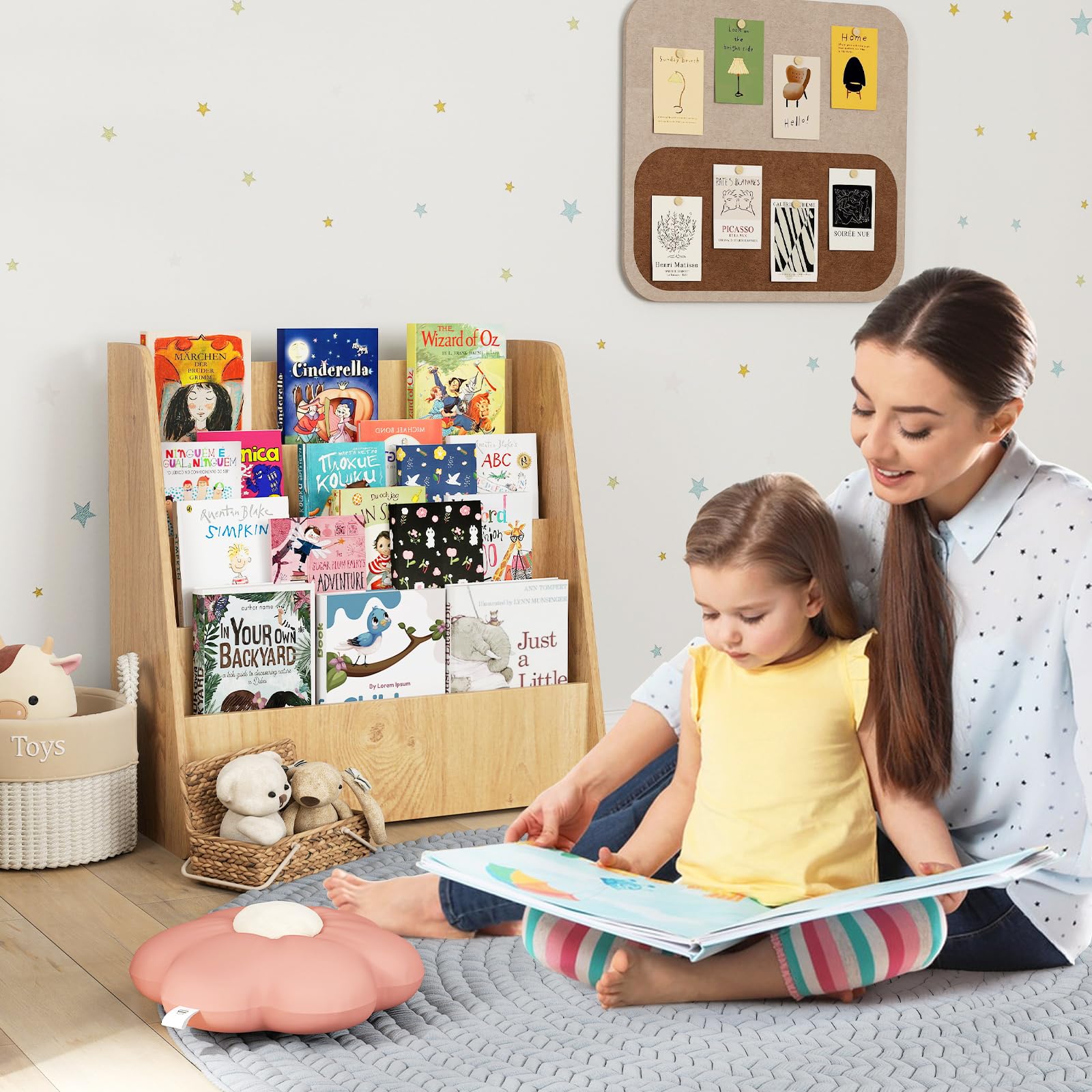 GYMAX Libreria per Bambini in Legno a 4 Ripiani, Scaffale per Libri con Ripiani Profondi, Espositore per Libri, per Cameretta dei Ragazzi, Soggiorno, Asilo Nido, 57,5 x 26,5 x 59 cm (Naturale)