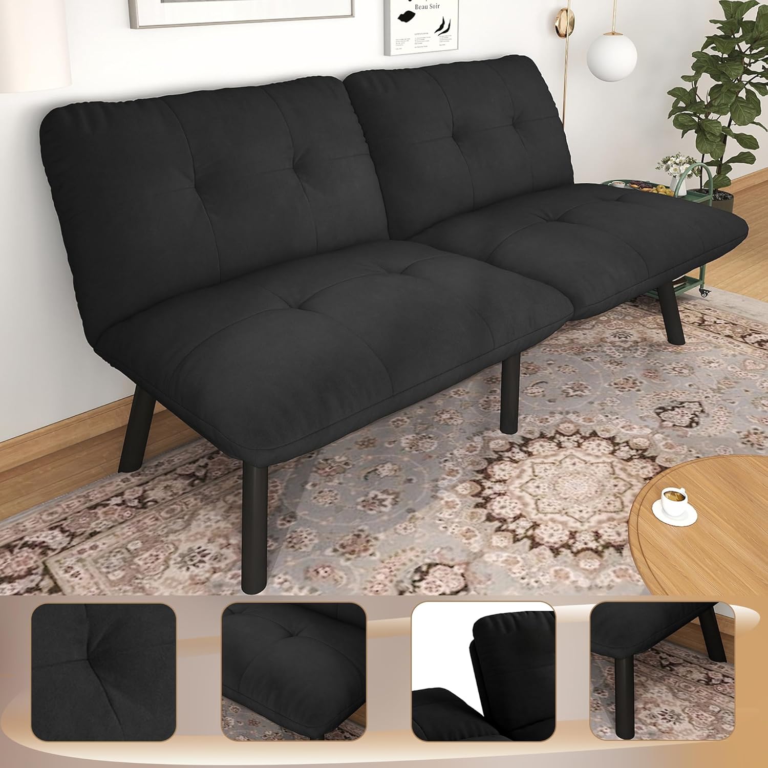 Modern Velvet Futon Sofa Bed,Convertible Folding Couch Bed Sleeper with 6 Chrome Legs,63" Comfy Cloud Couch Small Loveseat for Living Room Office (Black)