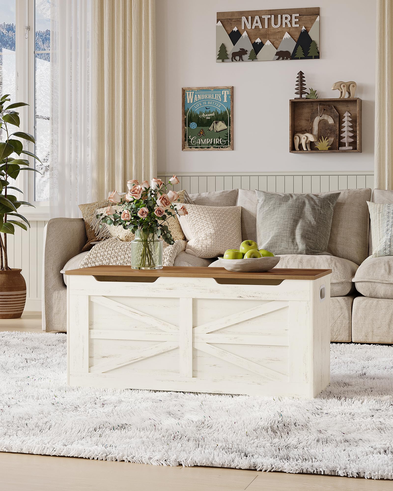 Hzuaneri Cassapanca 100 cm, Cassa Porta Oggetti, Cassapanca Contenitore da Interno, 2 Cerniere, per Ingresso, Camera da Letto, Soggiorno, Bianco Marrone SB03414X