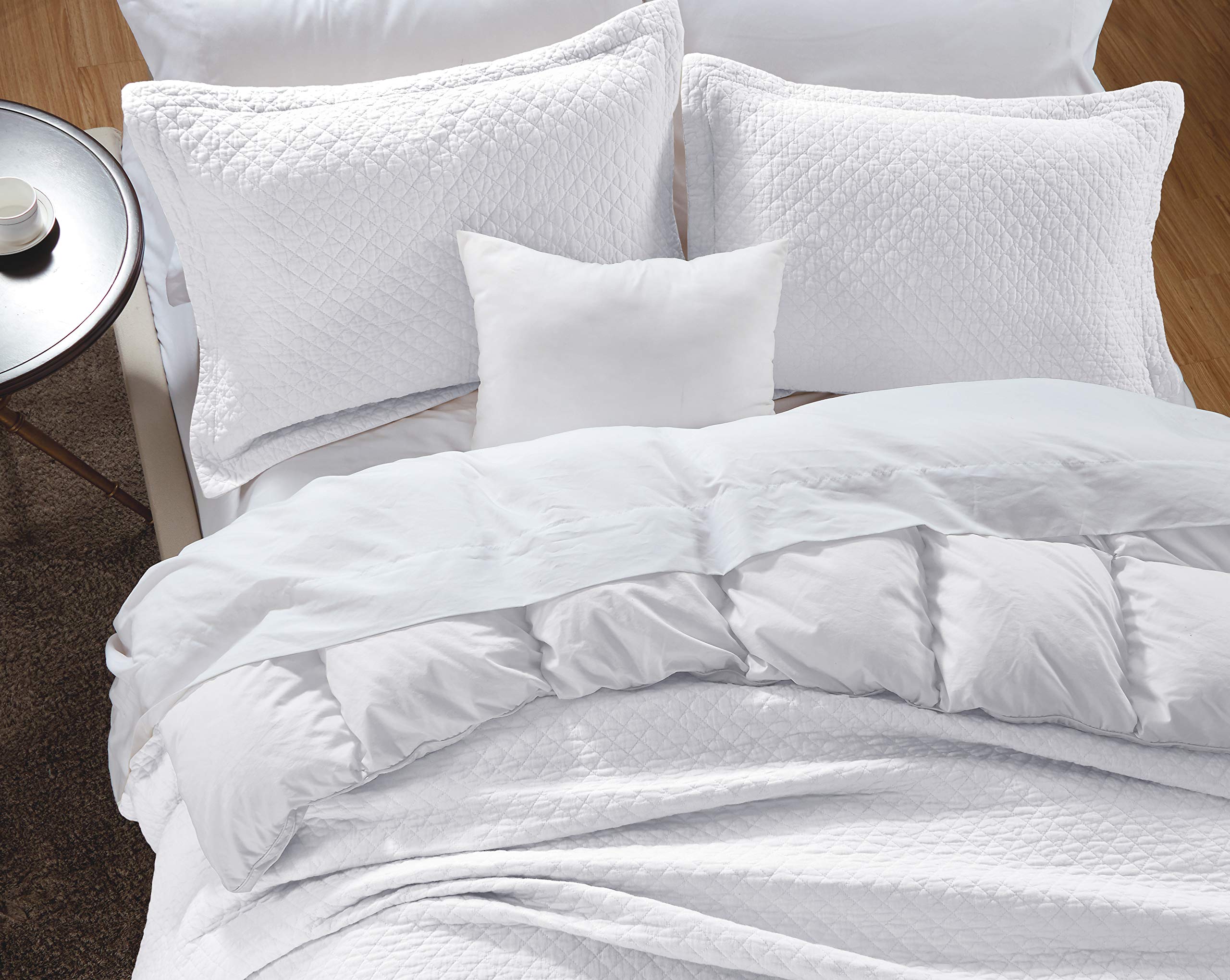 Avon 3-Piece Diamond Stitch Pattern Soft-Finished Vintage Washed 100% Cotton Quilt Set (Queen, White)