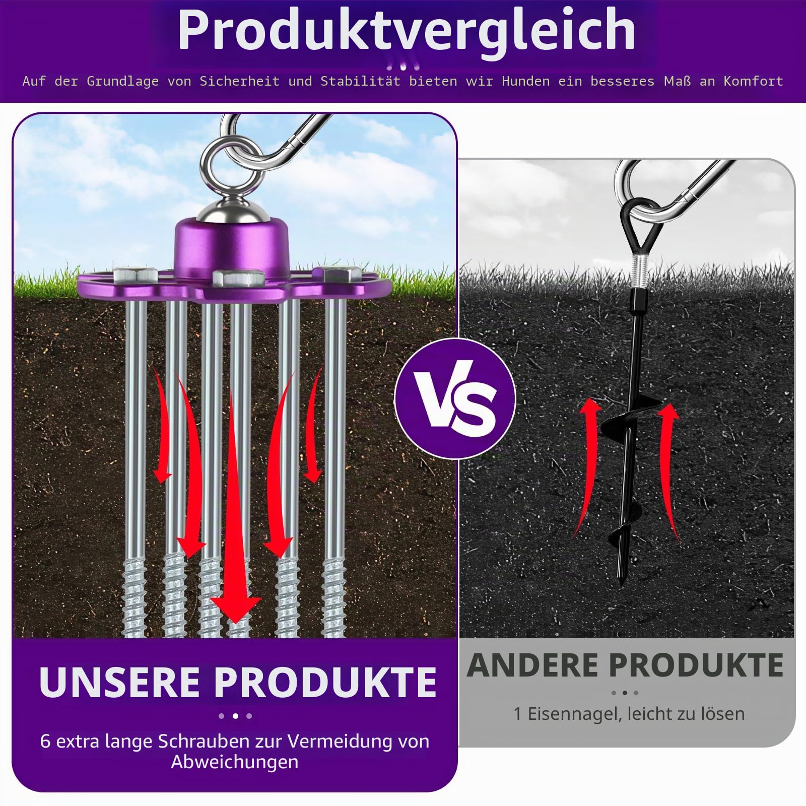 Hundepfahl, 360° drehbar, kein Verheddern, robuster Gartenpfahl mit Schraubankern, 81,6 kg Zugkraft