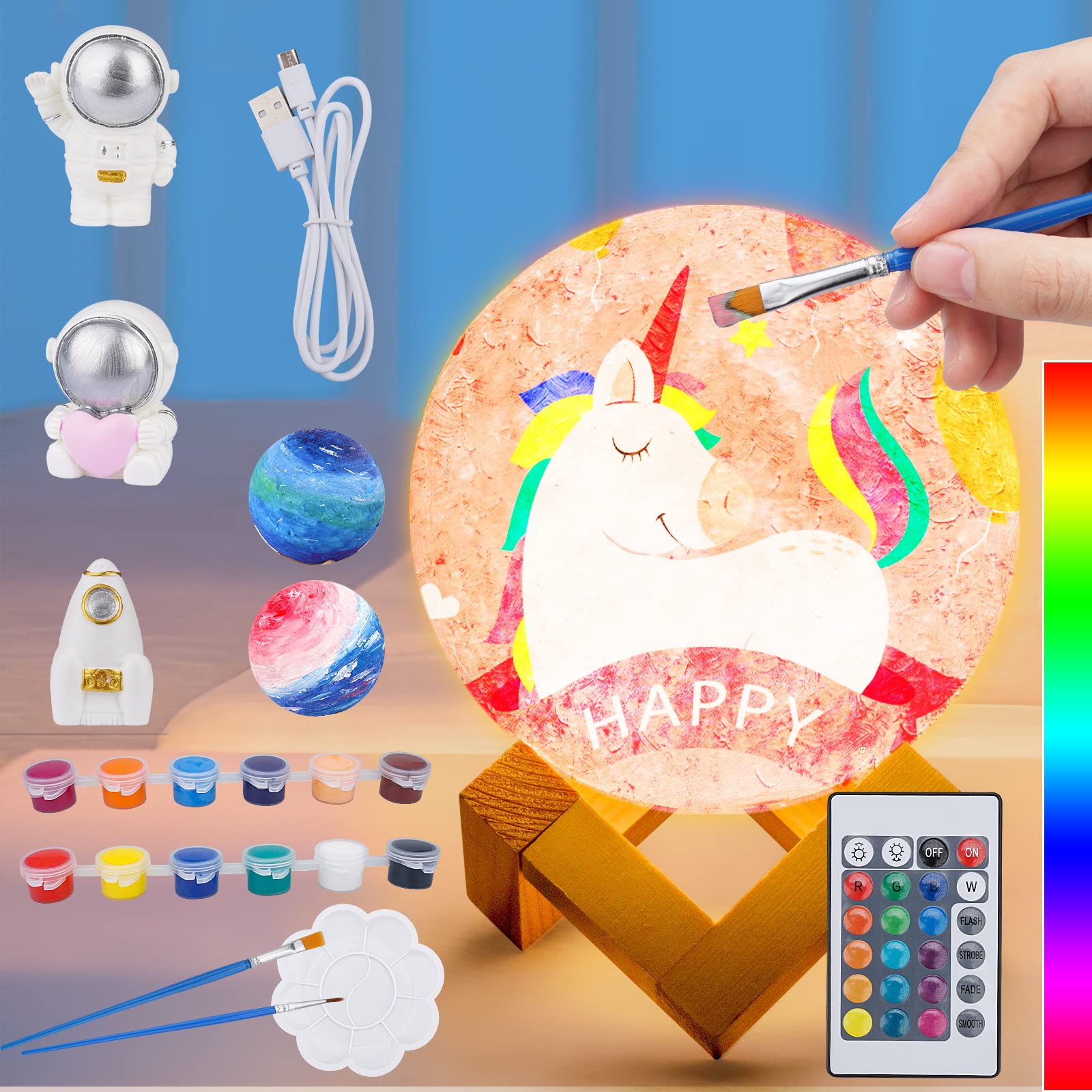 Minleway 7.1 Inches 16 Colors Rechargeable Paint Your Own Moon Lamp Kit, DIY Night Light Arts & Crafts Kit Gift for Kids, Women,Teen Girls Birthday