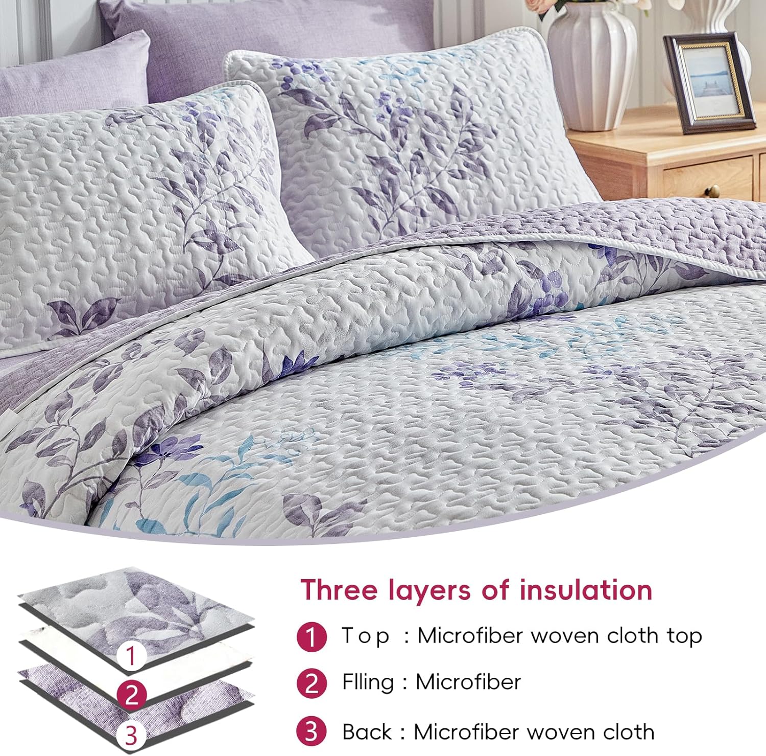 Floral Quilt Set 3 Piece Flower Quilt Sets Queen Size - Reversible Microfiber Quilt with 2 Shams Soft Breathable Botanical Bedding Spring Bedspread Coverlet Summer Comforter All Season Purple Leaves