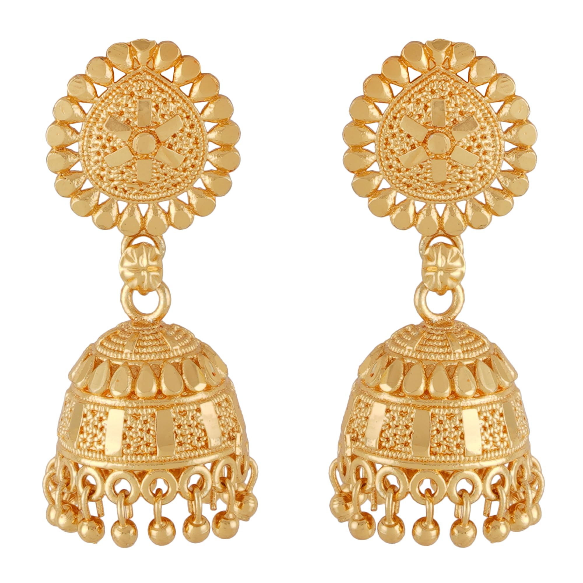 Shreyadzines Shreyadzines Traditional Temple Jewellery 18k One Gram Gold Ethnic South Indian Meenakari Ghungroo Peacock Jhumkas Jhumki Earrings Set For Women girls Latest GOLD JHUMKI