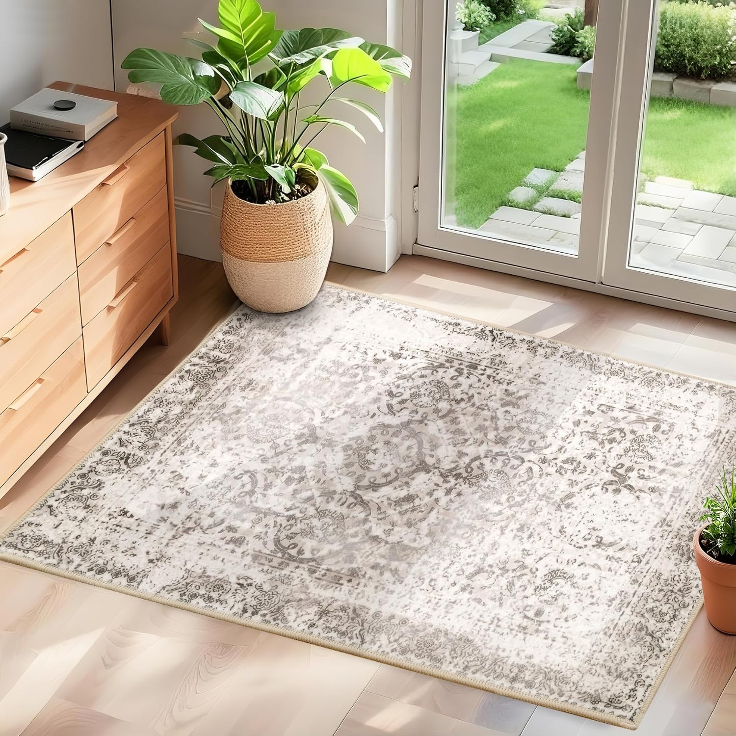 XWZO 2x3 Area Rugs Washable Rug for Living Room，Non-Slip Bedroom Rug Vintage Print Pattern Large Carpet for Office Dining Room Low Piles Indoor Carpet,Beige/Grey,2x3