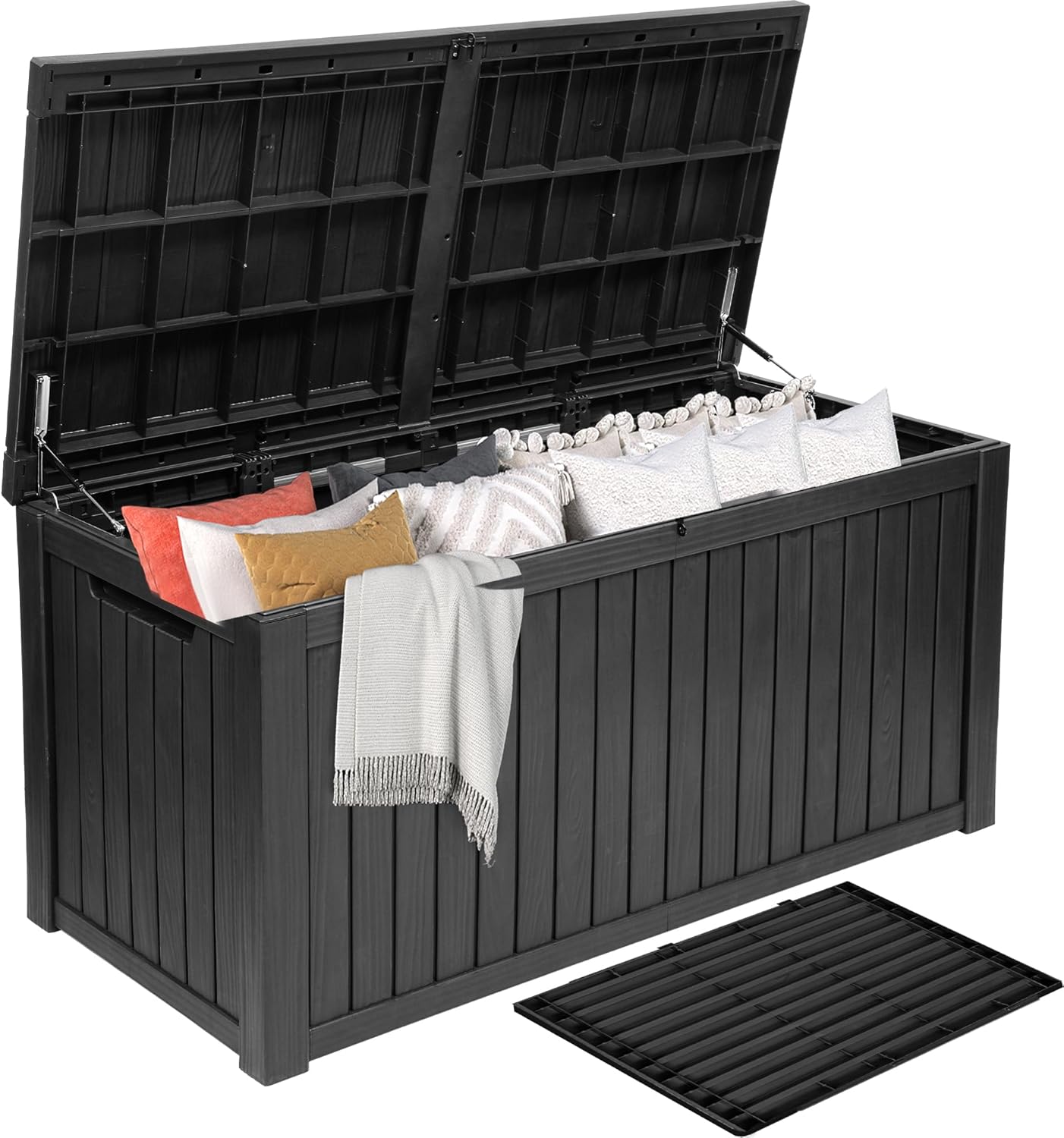 DWVO 180 Gallon Extra-Large Patio Deck Box, Waterproof Resin Outdoor Storage Box with Removable Divider for Patio, Garden, Pool, Furniture and Tools, Black