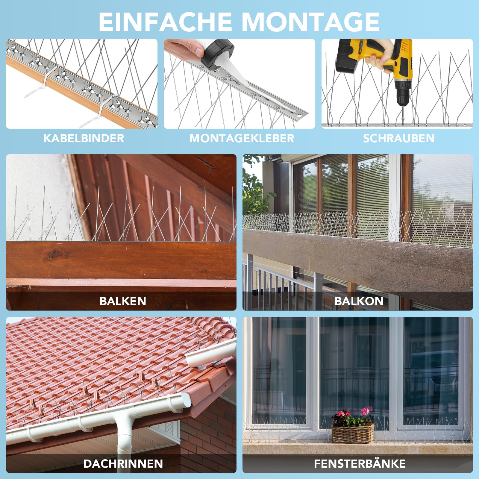 Taubenabwehr Spikes (6,6m/20-teilig) für Dach, Balkon, Fenster - Effektiver Edelstahl Vogelschreck mit robusten und verstellbaren Spikes - Vogelabwehr Spikes gegen Kotplätze und nistende Vögel