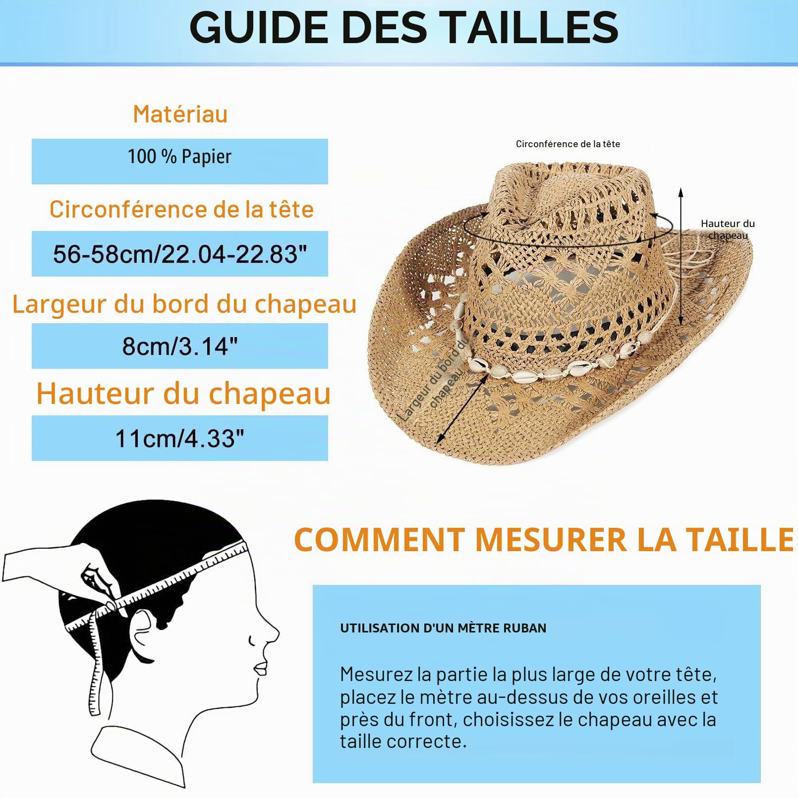 GEMVIE Chapeau de Cowboy Occidental tissé à la Main à Large Bord en Paille Panama pour Homme et Femme Chapeau de Plage bohème