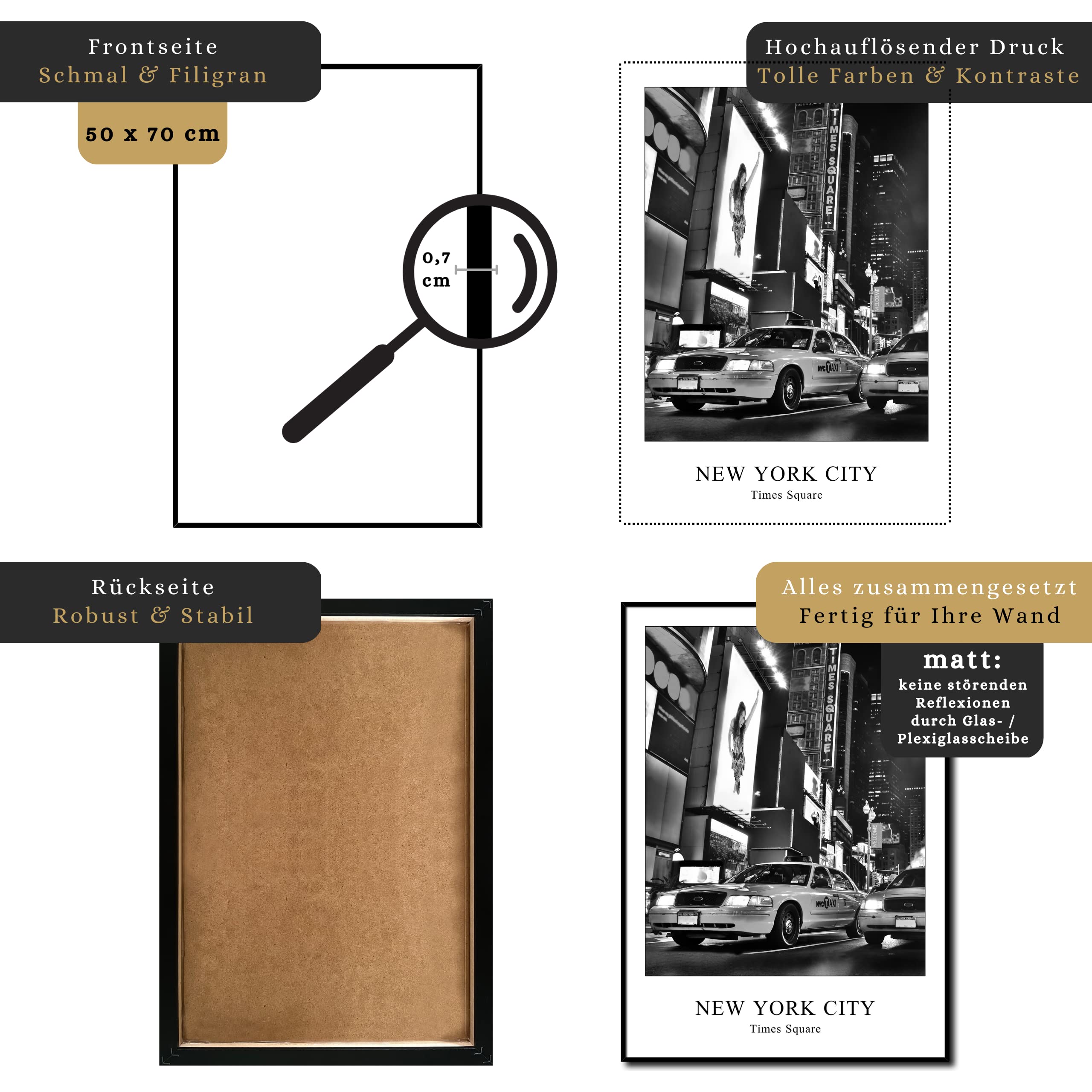 daazoo Tableau Décoratif New York Times Square Taxi 50 x 70 cm avec Cadre Premium - Image Ville de Nuit Noir et Blanc - Décoration Murale Moderne pour Salon et Bureau - Style Urbain