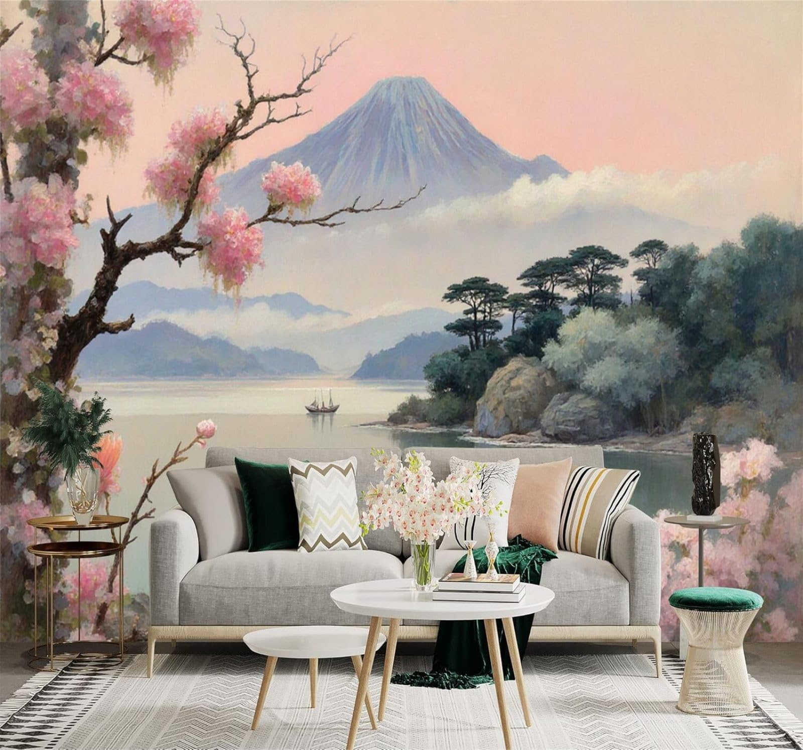XLMING Beautiful Tranquil Lake Pink Cherry Blossoms Landscape 3D Wallpaper Premium Textured Silk Study Dining Living Room Bedroom Sofa TV Wall Easy Install-430cm×300cm