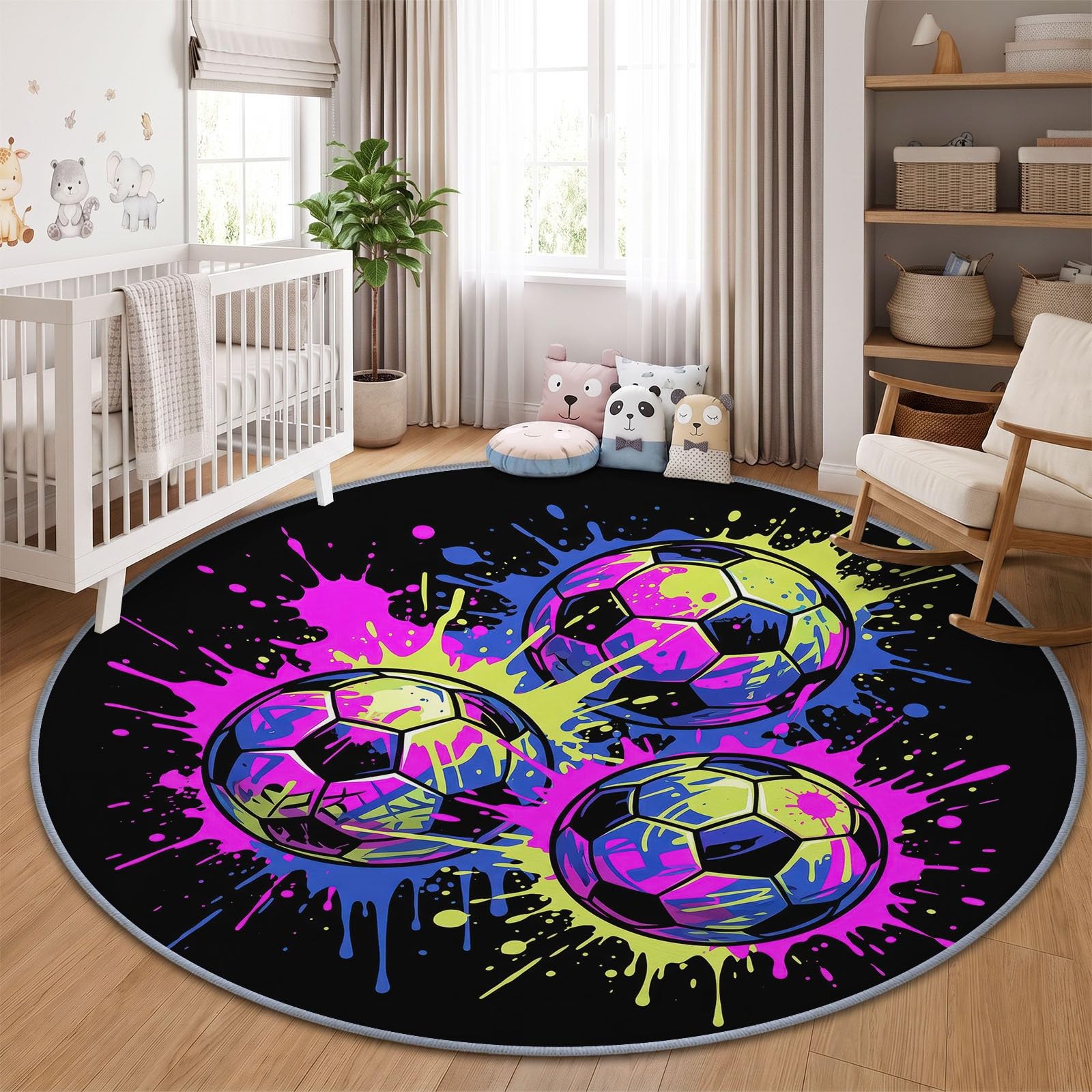 Graffiti dywan piłkarski, do salonu, okrągły, czarny, 120 cm