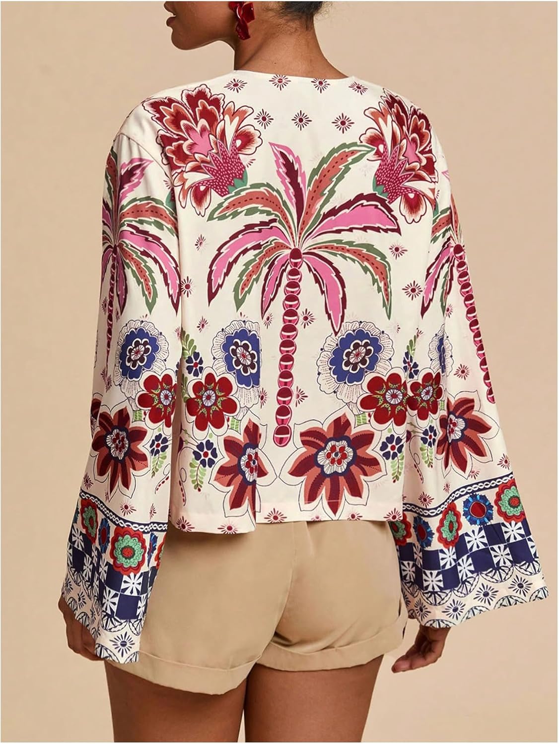 GORGLITTER Women's Floral Boho Bow Blouse Long Bell Sleeve Tie Front V Neck 90s Shirts Tops - Image 2