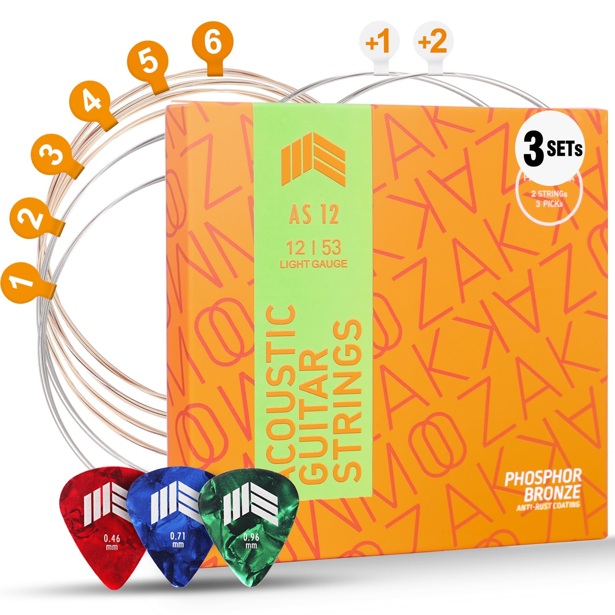 MOOZAK Acoustic Guitar Strings Phosphor Bronze, 3 Packs, Light Gauge 12-53, Warm & Rich Tone, Durable Steel Strings, Extra 1st & 2nd String, 3 Picks – Ideal for All Players & Gifts