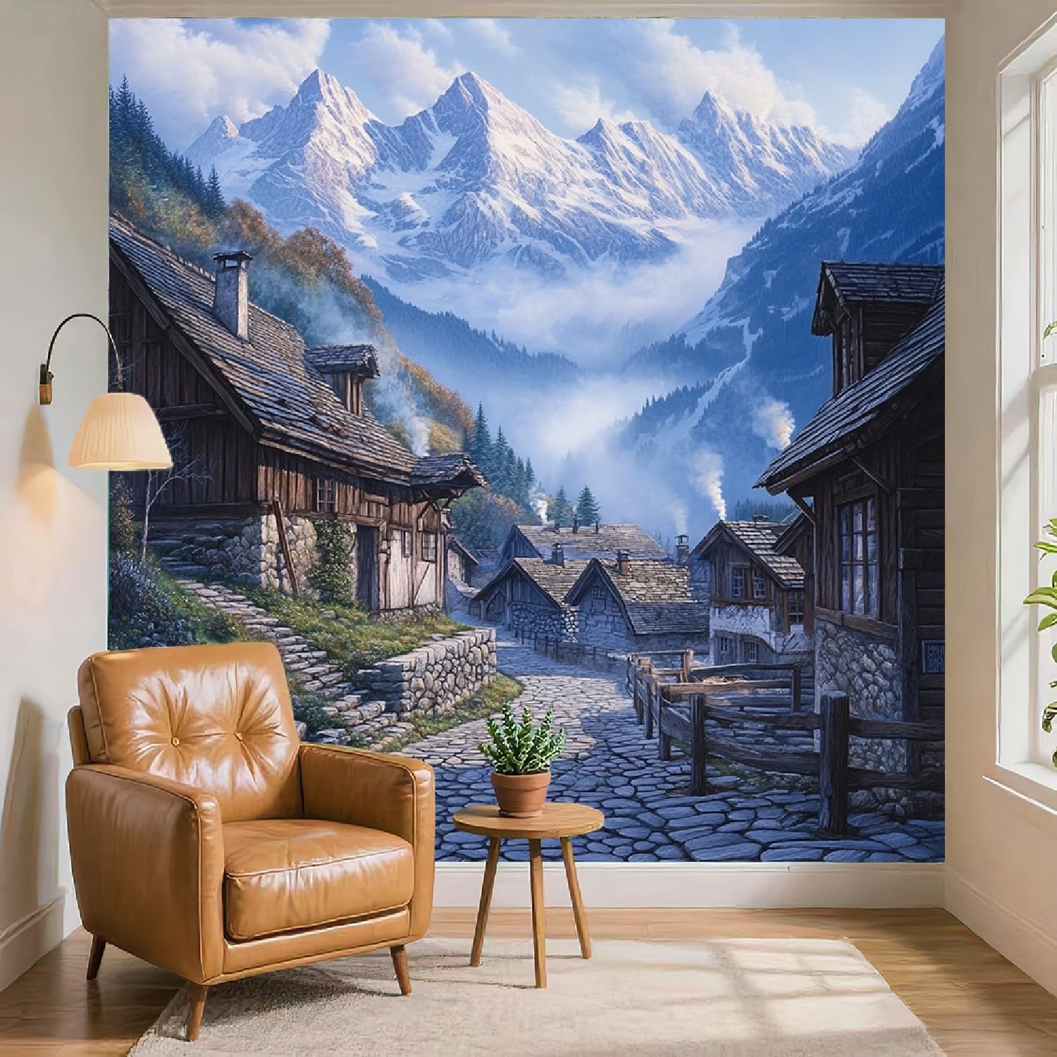 Tapeta ścienna 400 x 280 cm, poranna mgła, śnieg, góra, miasto, tapeta z włókniny, niebieska, pyłoszczelna, panoramiczny, plakat do pokoju dziecięcego, sypialni, salonu, plakat ścienny