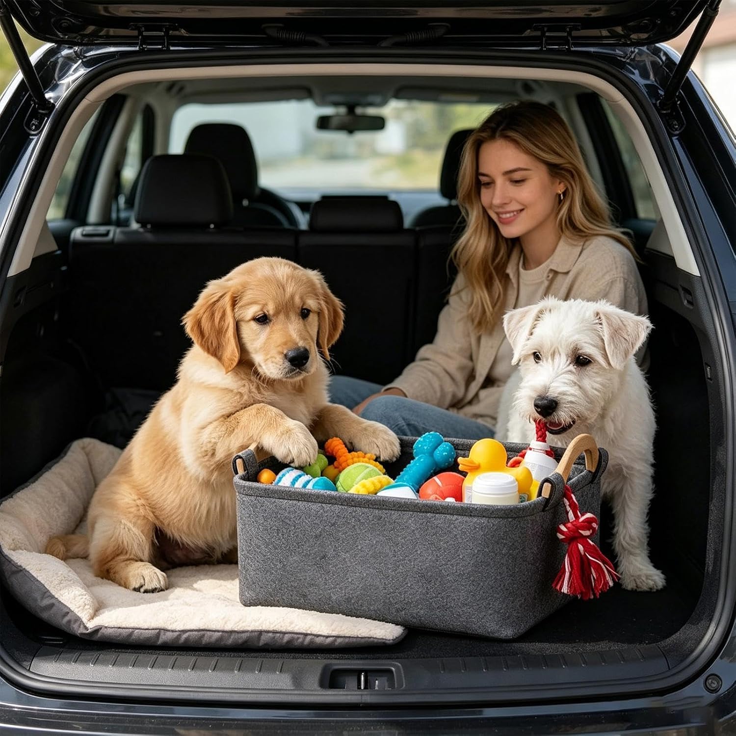 Dog Toy Box Felt Cute Foldable Organizer with Wooden Handle image 3