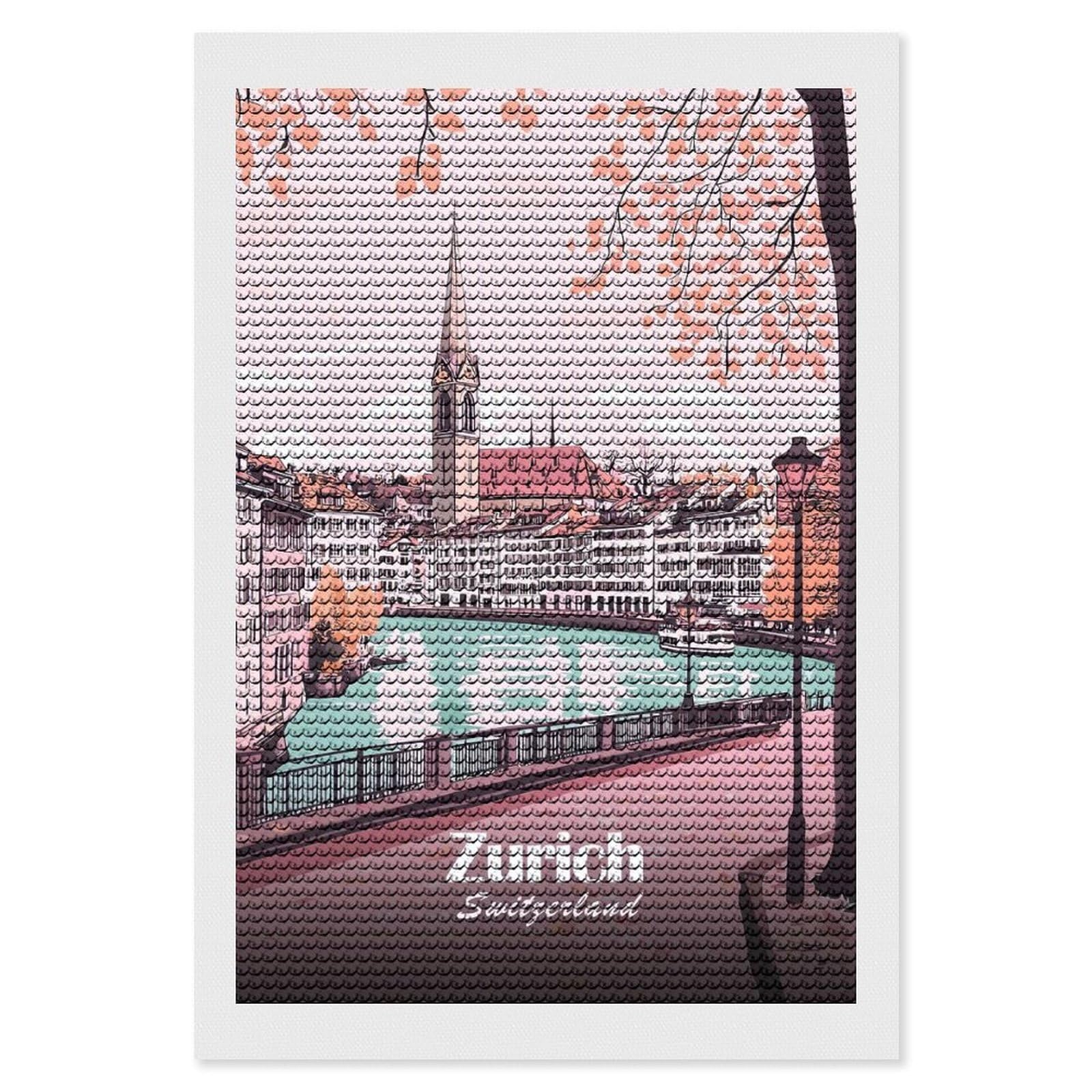 Junmoney Zurich Cityscape Illustration Crystal Diamond Art Kit 8"x12", Modern Decor, Boho Decor, Wall Art Gift, Decorative Artwork, Creative Hobby