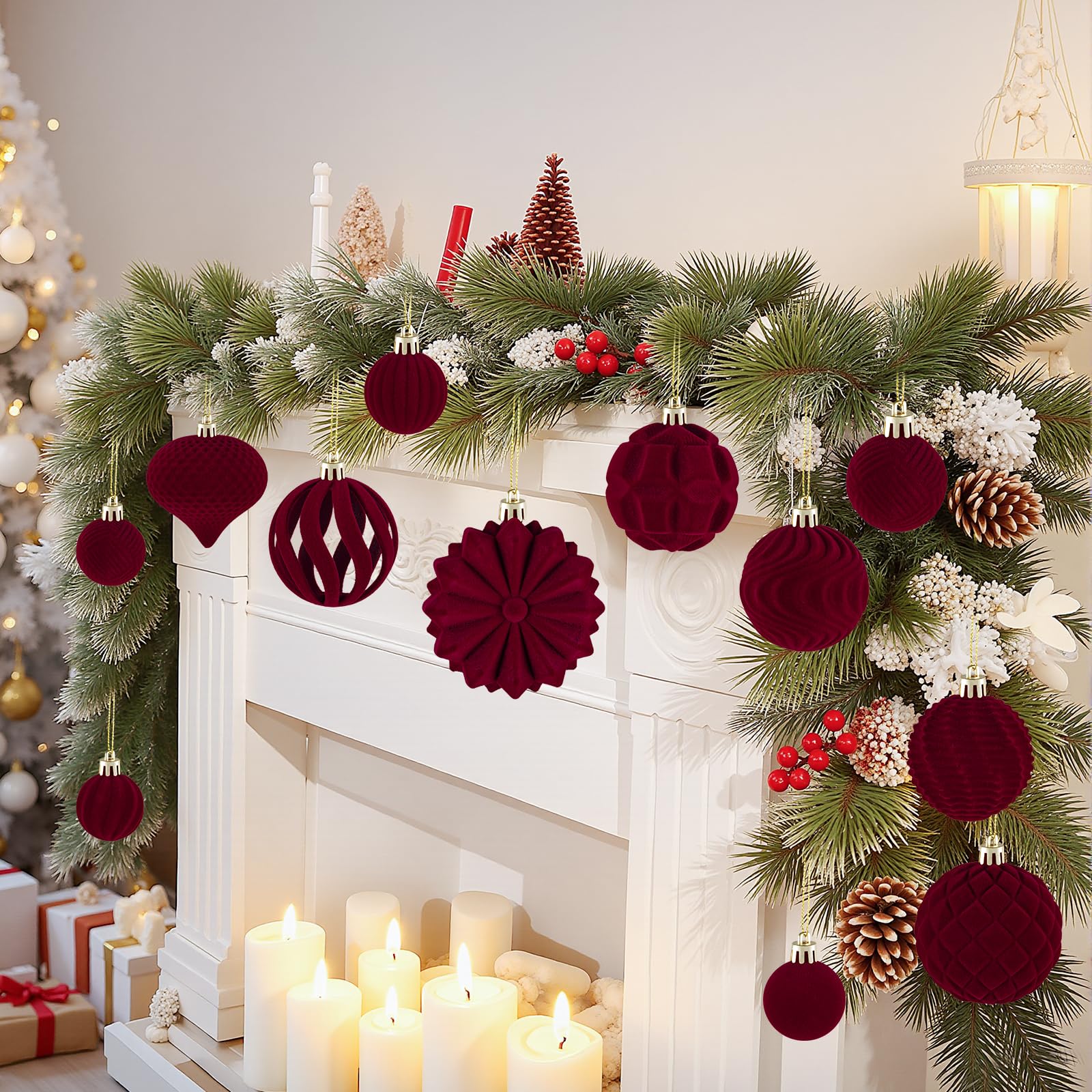 Gonna per albero di Natale classica in velluto bordeaux micro con applicazione a stella, doppio strato spesso di HOME HEART Brands - Italia