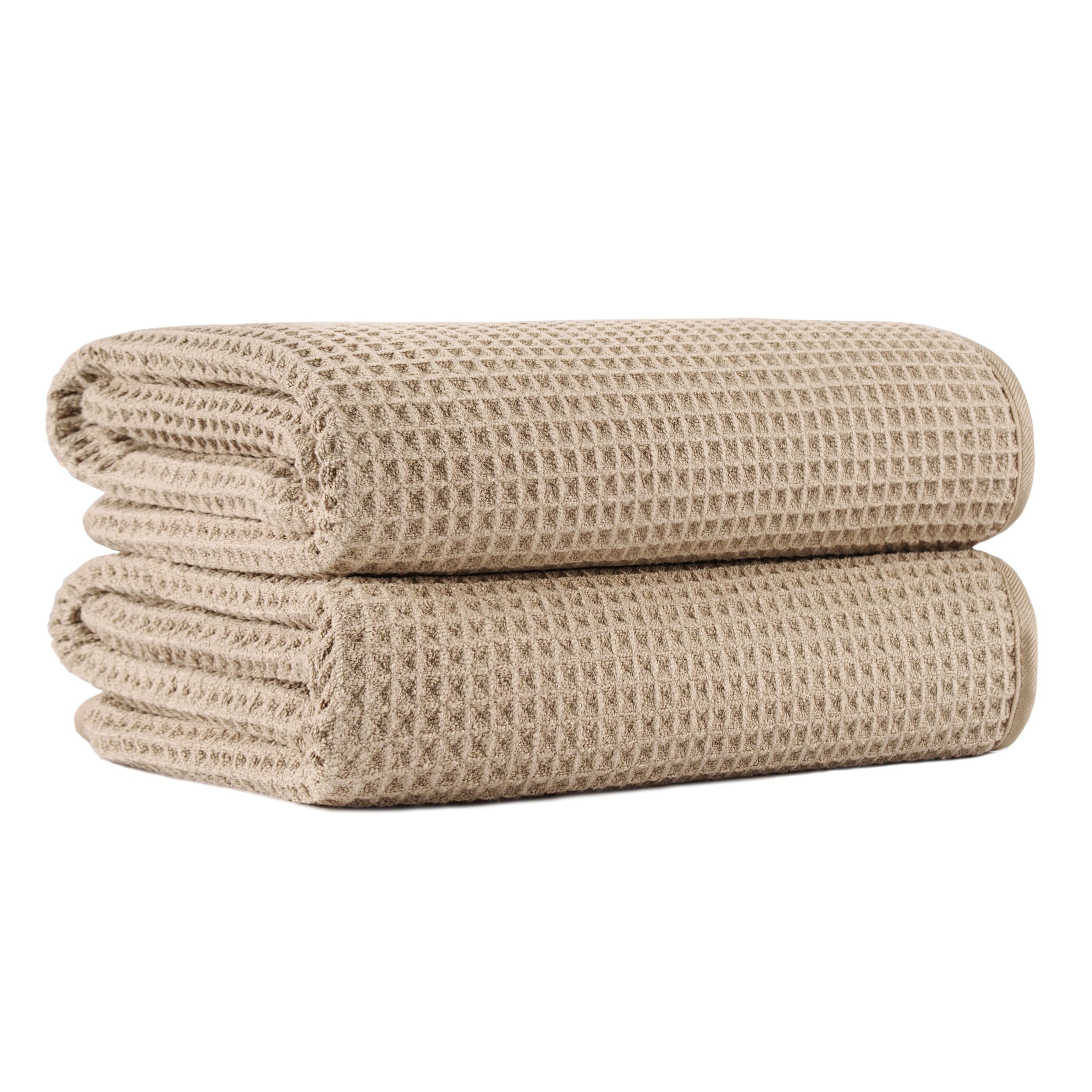 MICROFI New Microfiber Waffle Bath Towels, 2 Pieces, Oversized, Soft, Absorbent, Fast Drying, Lint Free (Beige)