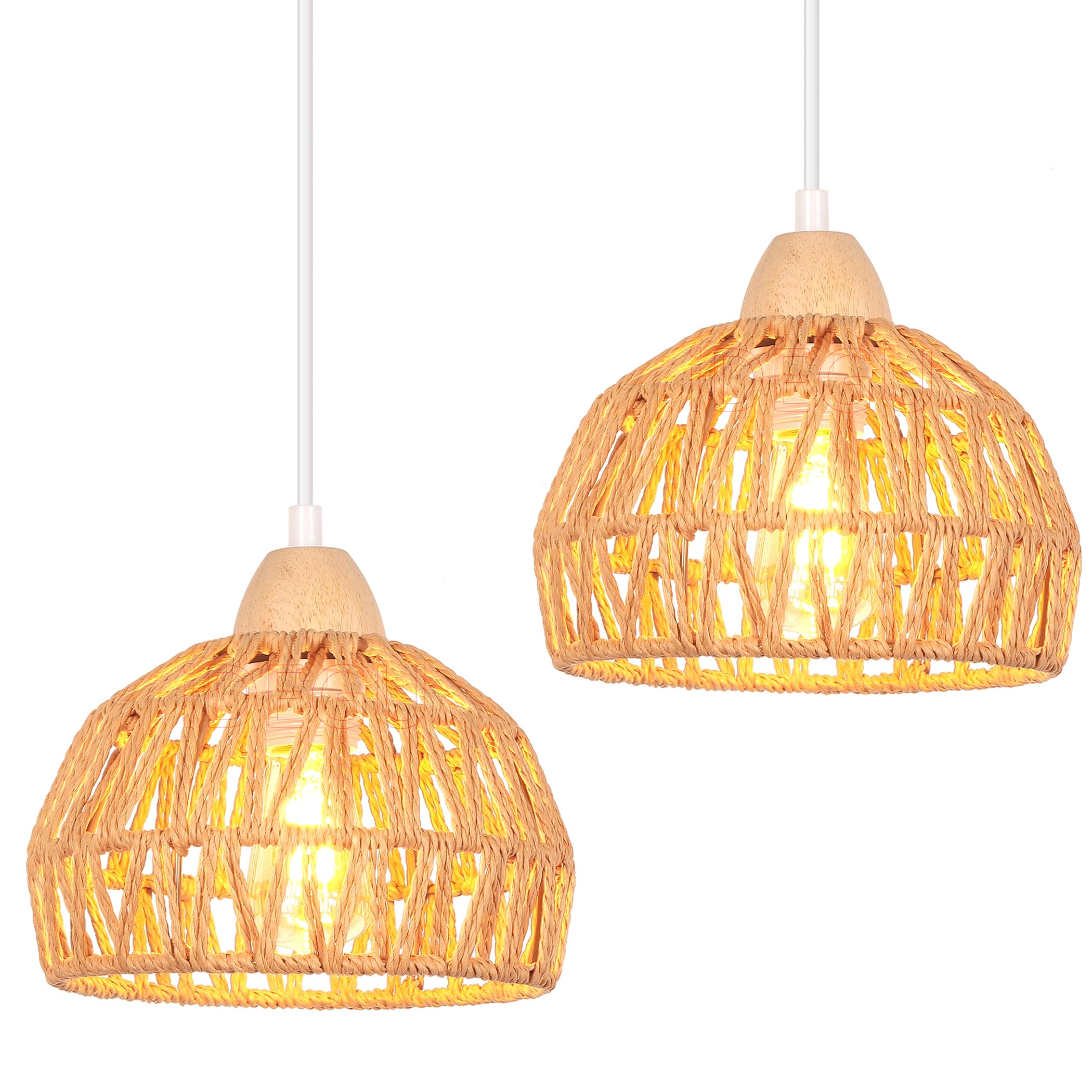 iDEGU Set of 2 Retro Pendant Light Fixtures E27 Ceiling Light Bohemian Style 20cm Hanging Lampshade Rattan Wood Pendant Light for Bedroom Dining Room Kitchen Restaurant Cafe (Brown) — image 1