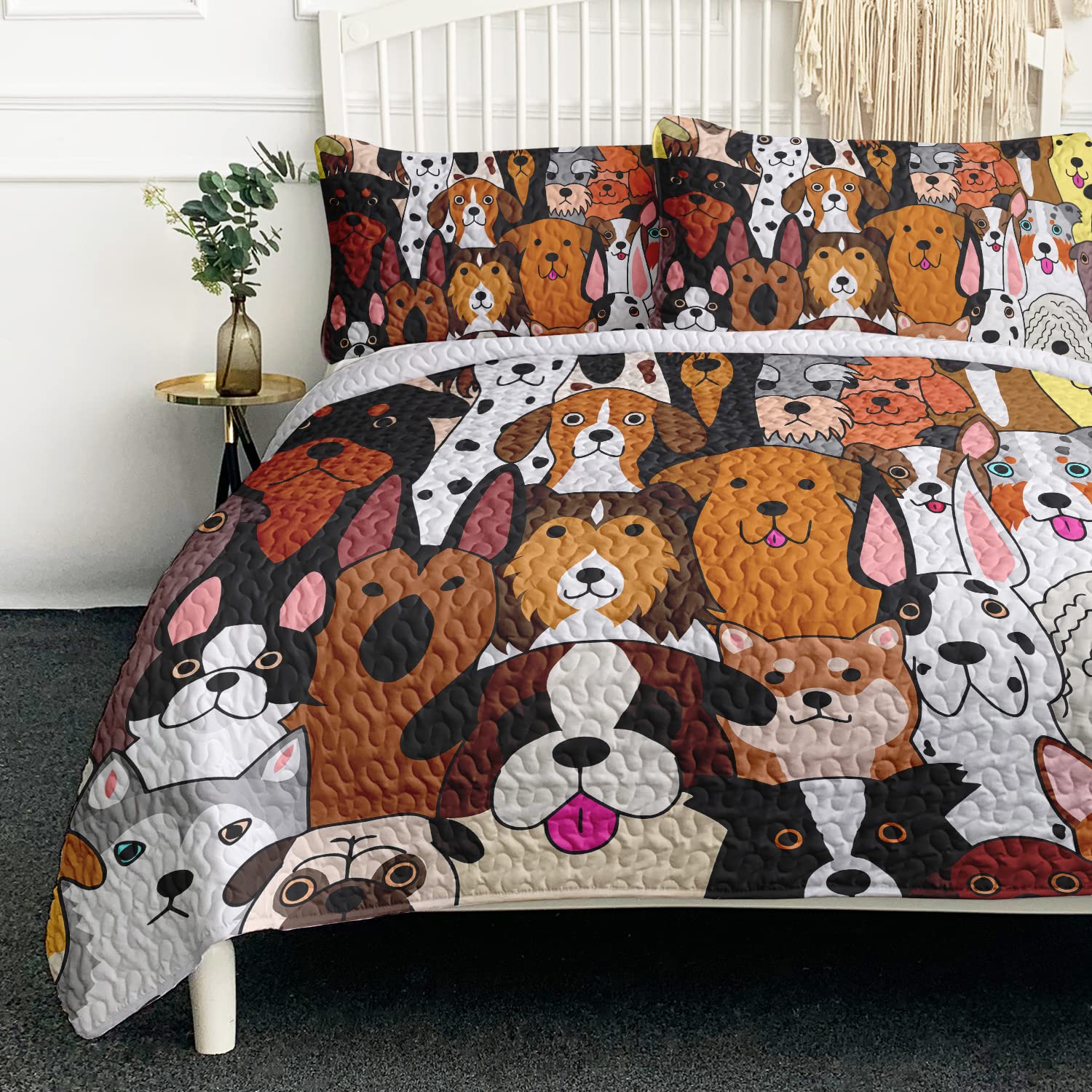 BlessLiving Colorful Dogs Quilt Set King Size, Kids Cartoon Dog Pet Pattern Bedspread-size104 x90, Soft Lightweight Coverlet, Bed Cover for All Seasons-3 Pieces, Includes 1 Quilt, 2 Shams