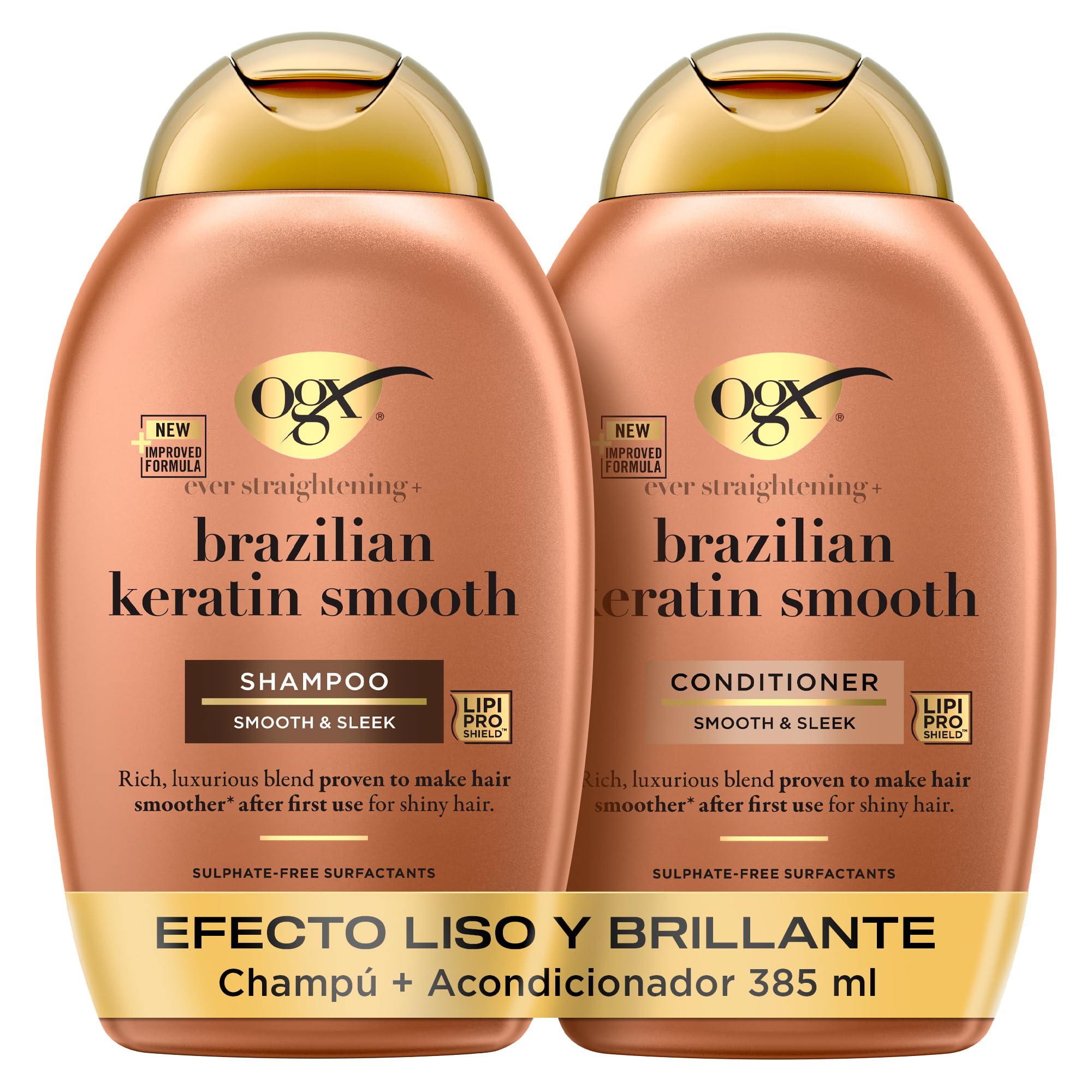 OGX Set Ever Straightening + Brazilian Keratin Smooth Shampoo y Conditioner, set de champú y acondicionador alisador con keratina, sin sulfatos, para pelo rizado, 2x385 ml