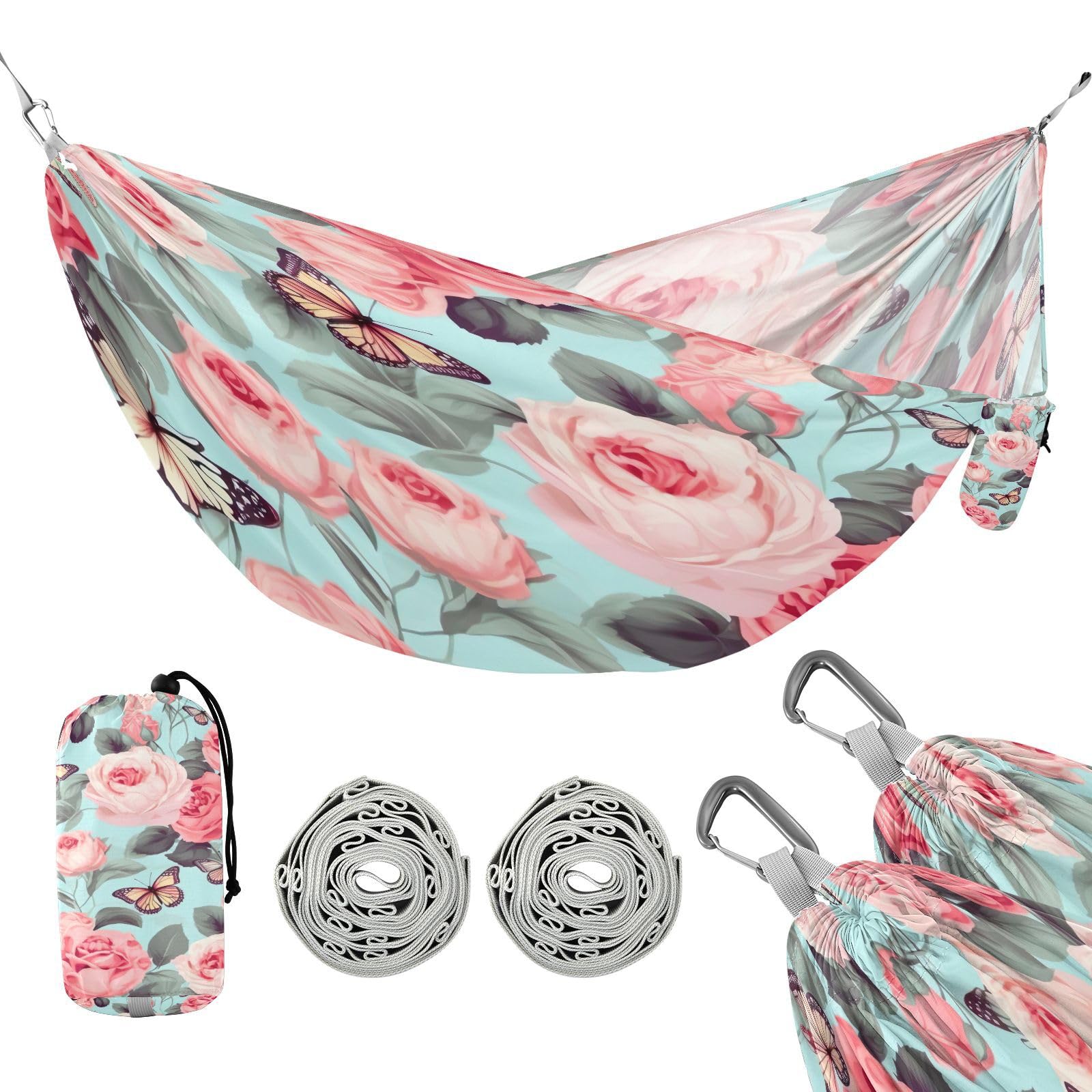 ATTX Pink Flowers Camping Hammock - Lightweight & Portable Hammocks, Heavy Duty 330lbs Capacity for Indoor, Hiking, Backpacking, Travel, Backyard, Beach#473