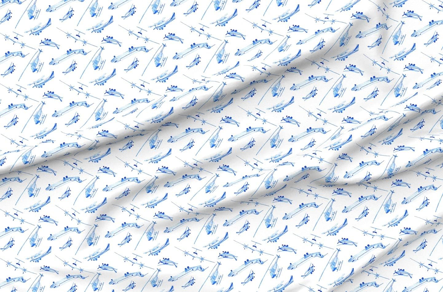 Spoonflower Fabric - Scattered Planes Airplane Watercolour Multi Scatter Blue Nursery Boy Printed on Organic Cotton Sateen Fabric by The Yard - Sewing Quilting Apparel Home Decor