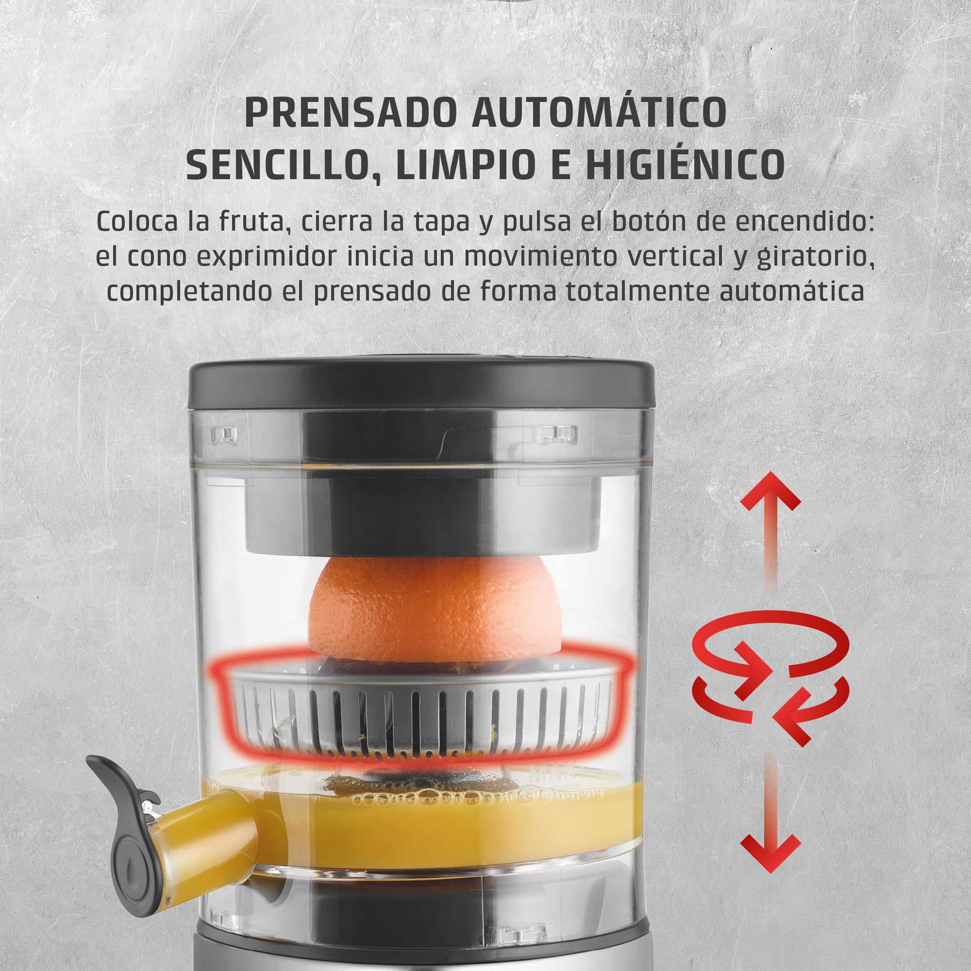 CASO CP 440 Lift Inox - Exprimidor Eléctrico con cono universal para Naranjas y Cítricos, 300W, antisalpicaduras, alta extracción de zumo, pies con ventosa, apto para lavavajillas, acero inoxidable