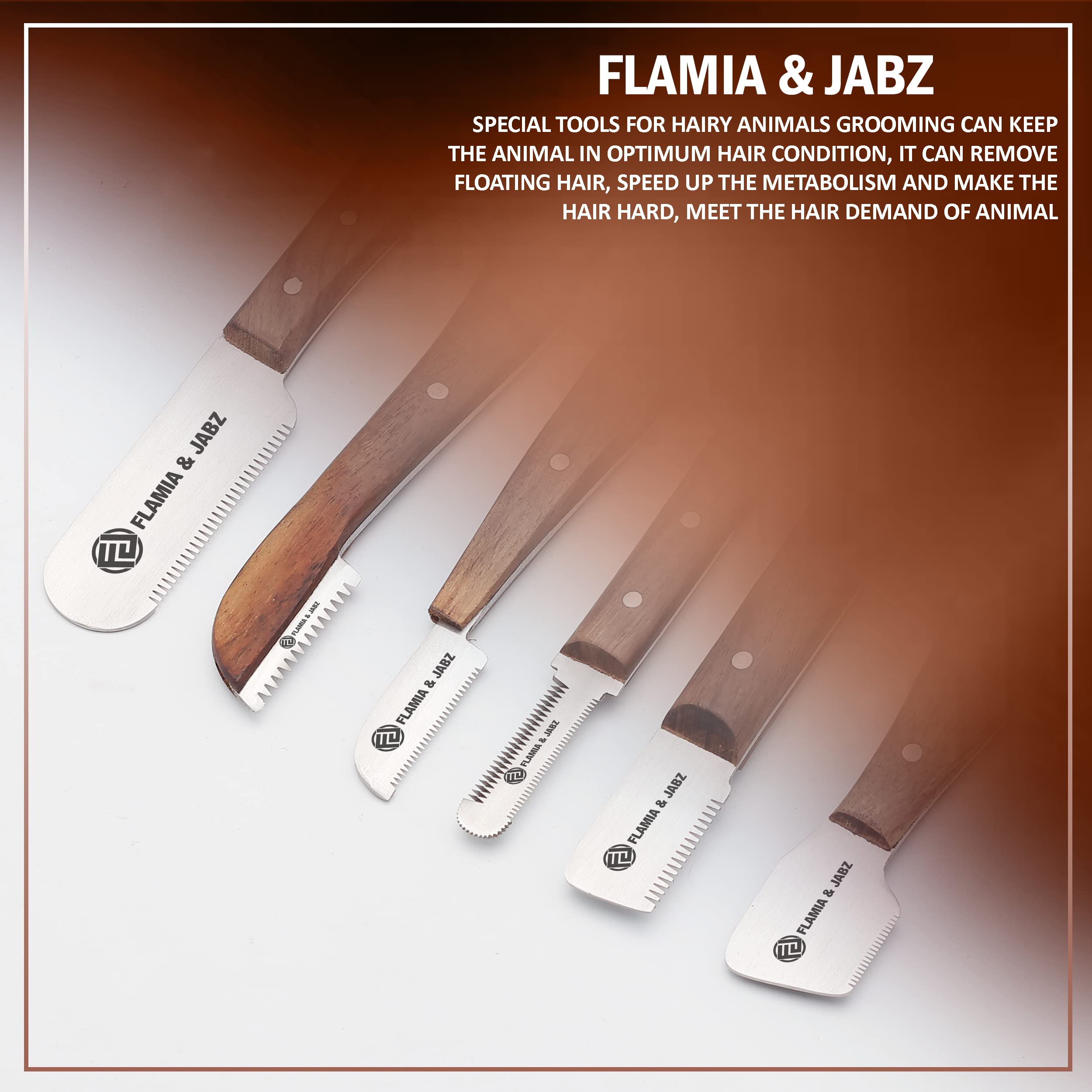 Kit Spelafili FLAMIA & JABZ Per Cani - 6 Pezzi, Manico Legno, Lama Acciaio Inox, Per Destrorsi - Foto 5