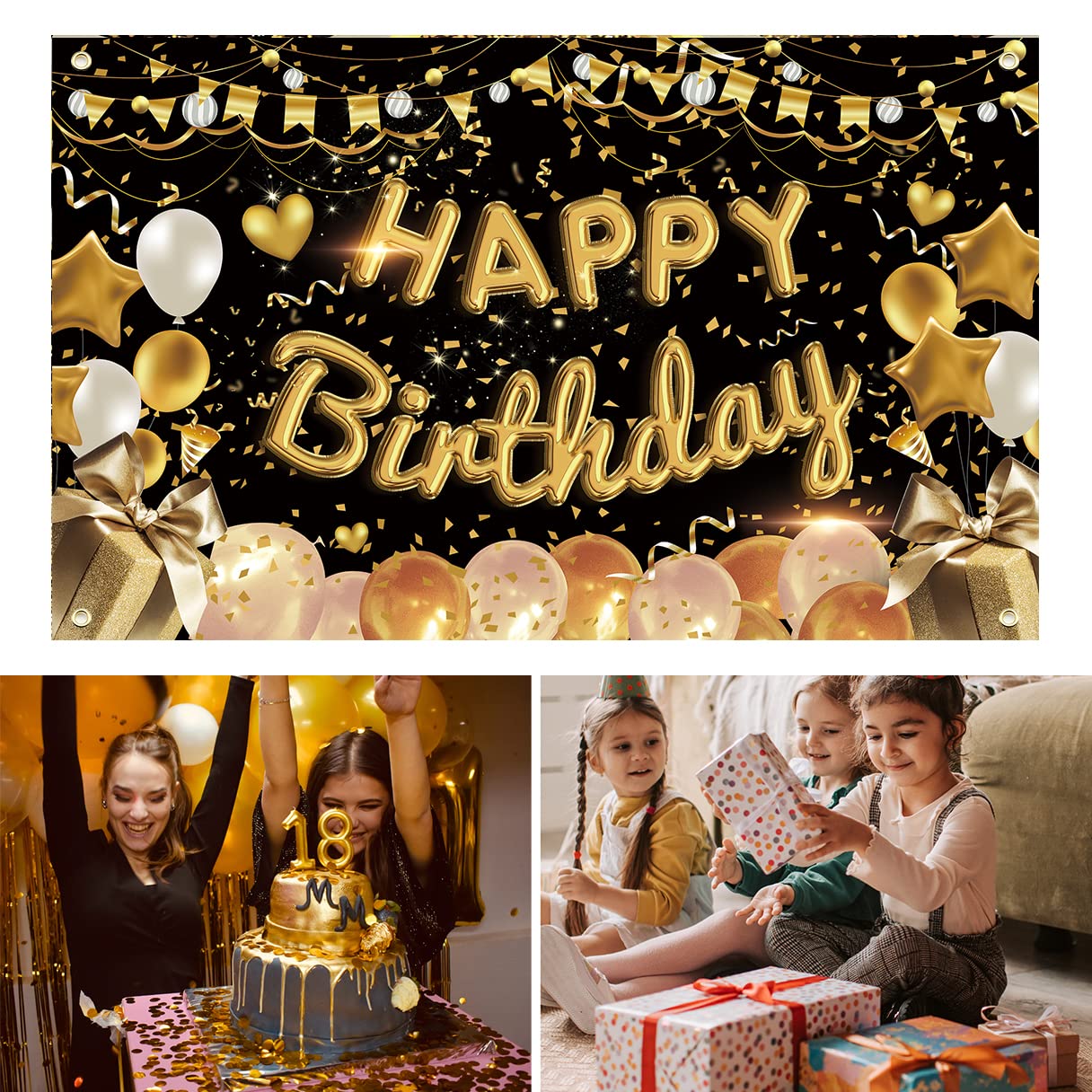 ZYDYRX Verjaardagsbanner, zwart-goud, Happy Birthday-banner