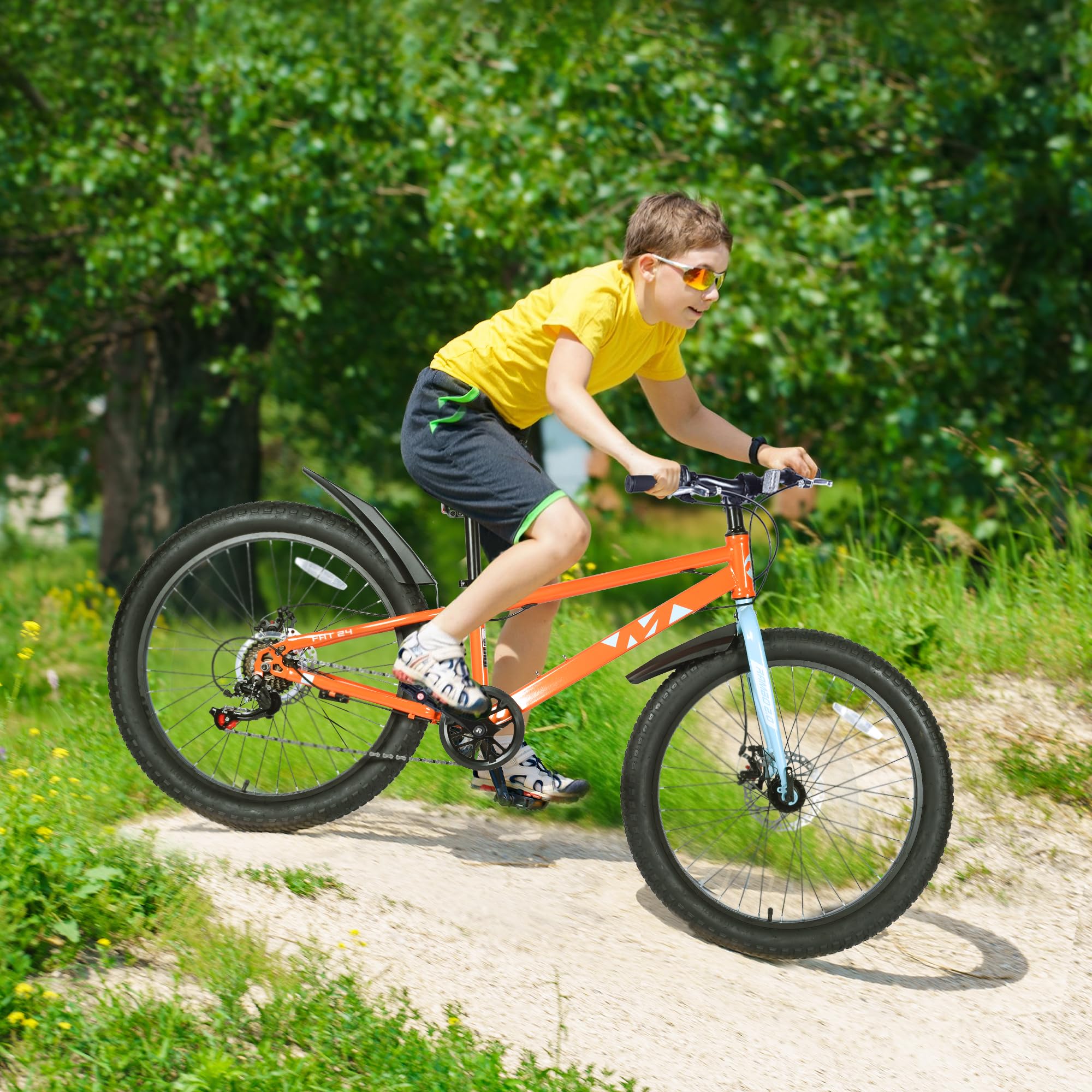 MAKELEN 24x3.0 Fat Tire Kids Mountain Bike Snow Bike Beach Bike for 10-15 Years Old Steel Frame Disc Brake Bike 7 Speeds, Orange&Blue