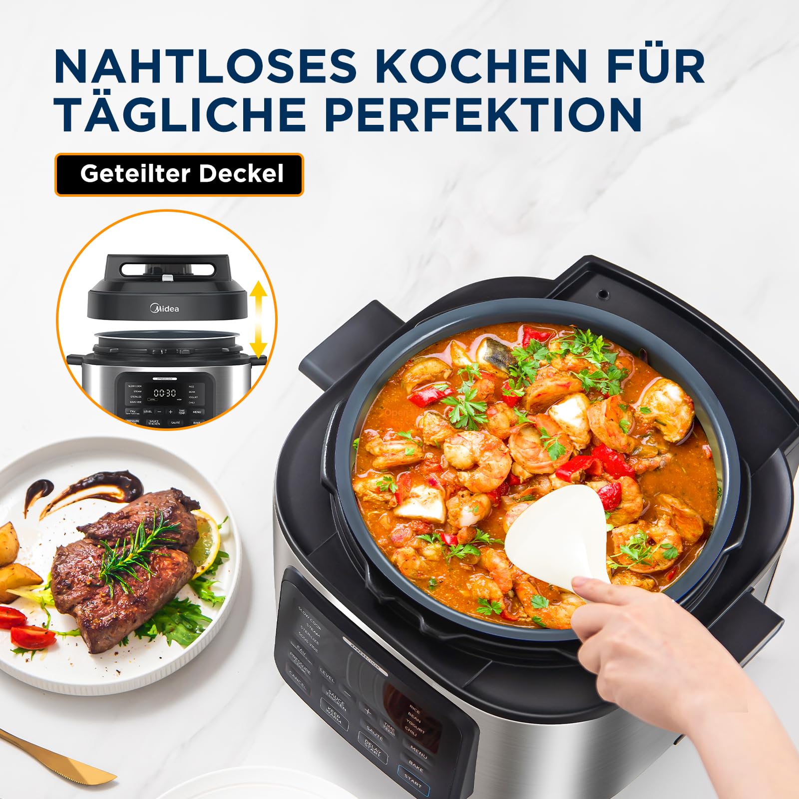 Midea 9-in-1 Multikocher, 6L mit 12 Kochfunktionen Elektrischer Schnellkochtopf (Langsamkochen, Reiskocher, Sous Vide, Kuchenbäcker), 70% schneller, gebürsteter Edelstahl & Schwarz
