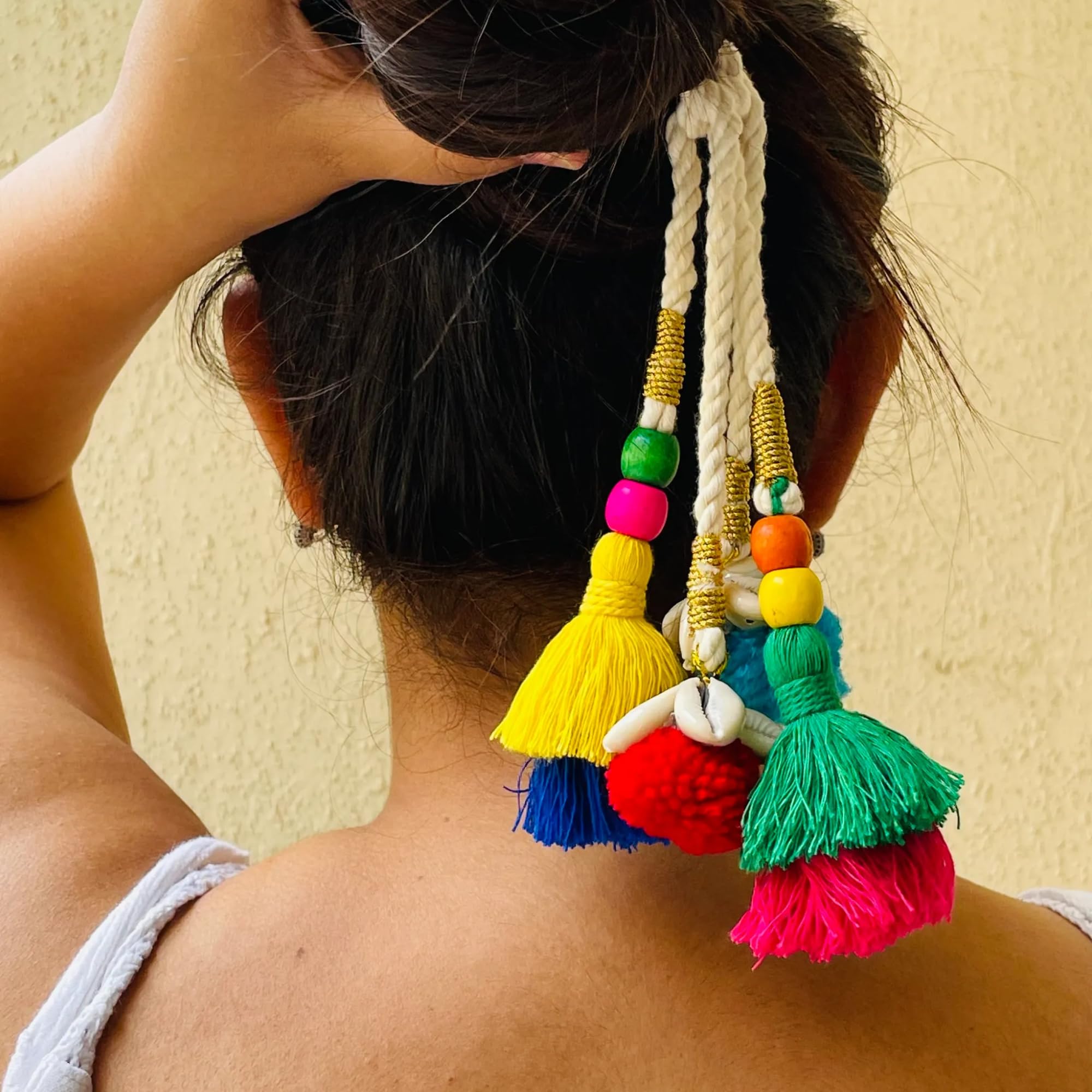 MILAPARK CRAFTS Multicolor Boho Hair Jura String for Women & Girls | Handmade Ethnic Hair Accessory with Tassels, Wooden Beads & Natural Cowrie Shells | Perfect for Navratri, Festive & Traditional Looks